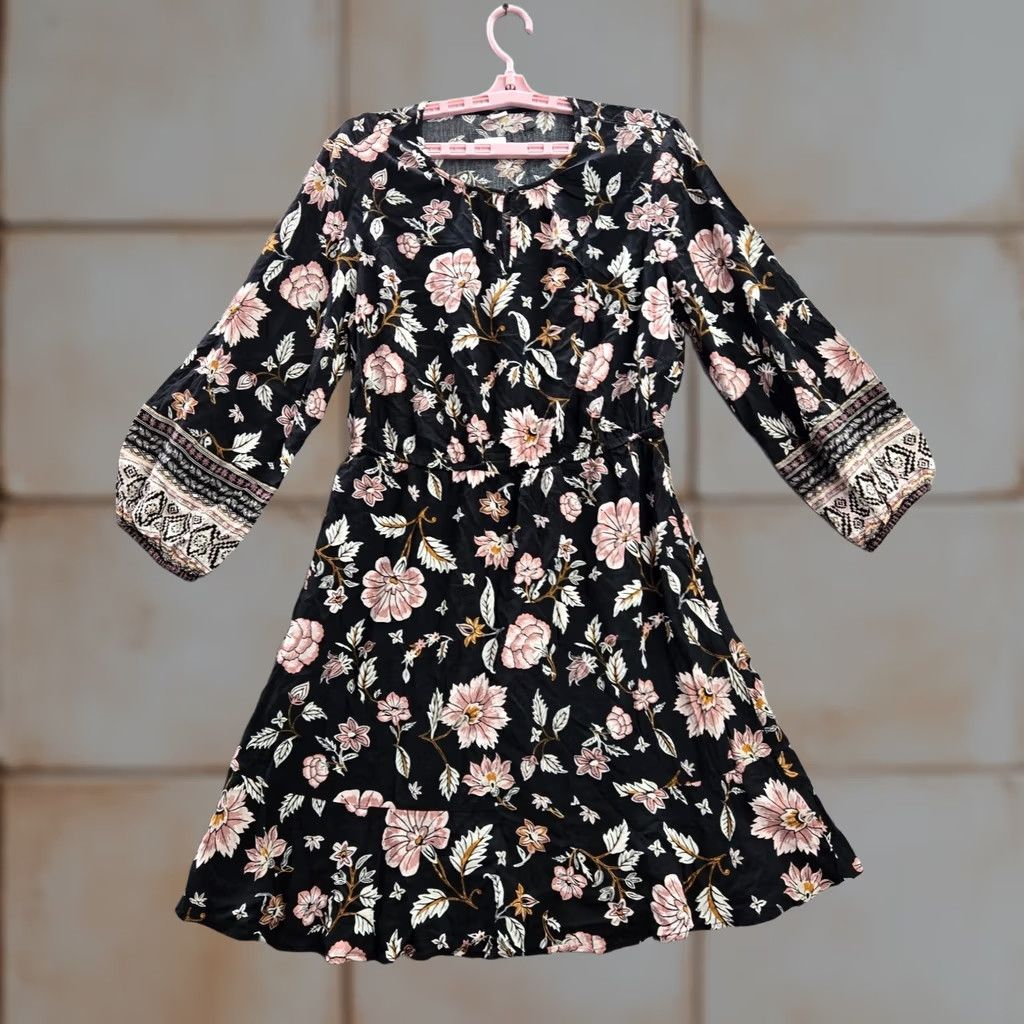 Old Navy Old Navy Dress Women Large Black Floral Mini A Line Keyhole Balloon Sleeve