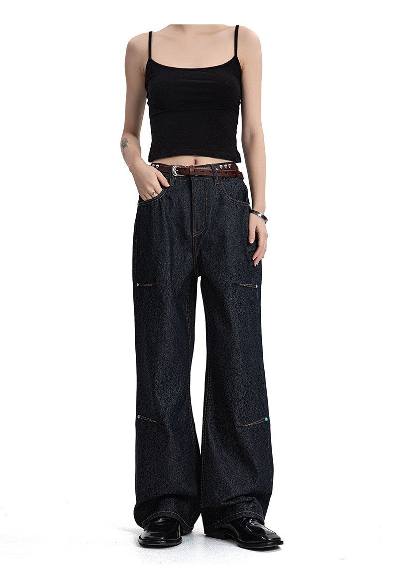 Vintage Retro versatile dark blue straight flared wide-leg jeans Size US 32 / EU 48 - 1 Thumbnail