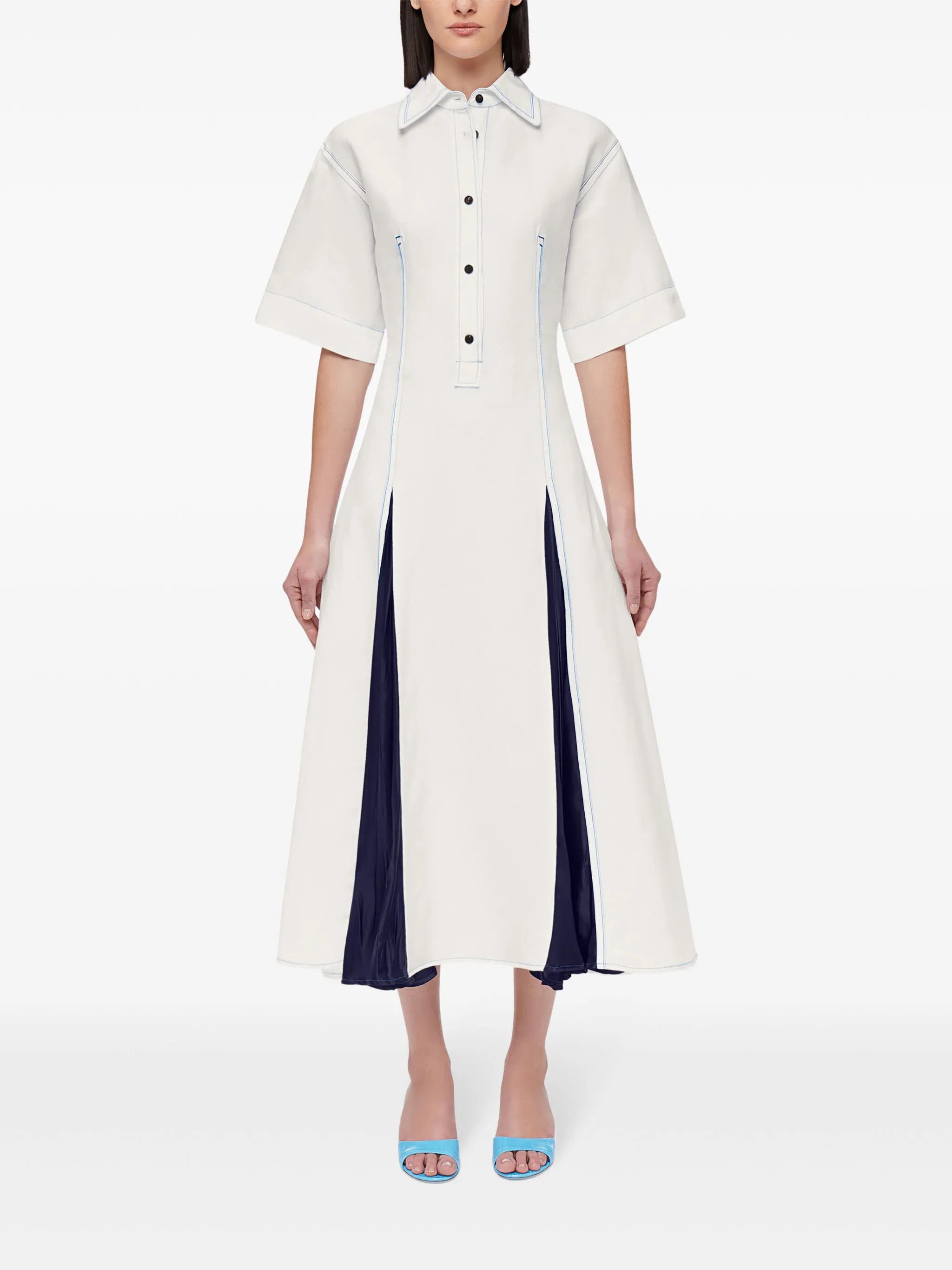 Salvatore Ferragamo o1s1rm0126 Satin Inlay Shirtdress in White/Blue Size M / US 6-8 / IT 42-44 - 2 Thumbnail