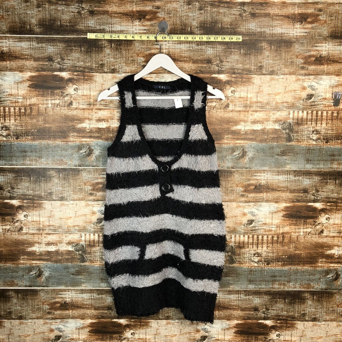 Japanese Brand CSL Stripe Grey fur mohair Black Vest Knitwear #A1609 Size L / US 10 / IT 46 - 1 Thumbnail