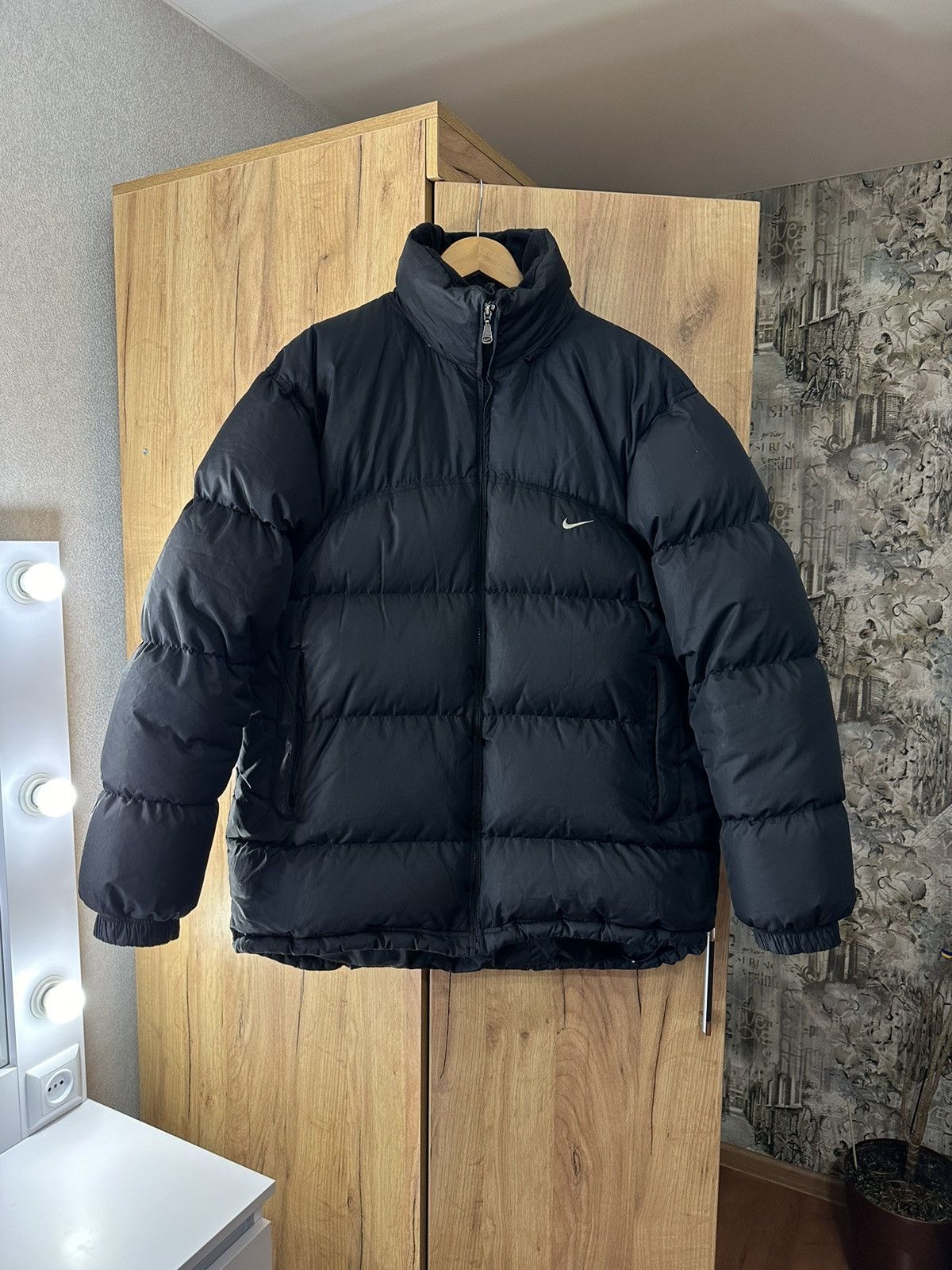 image of Y2K Nike Drill Black Puffer Jacket Small Swoosh, Men's (Size Large)
