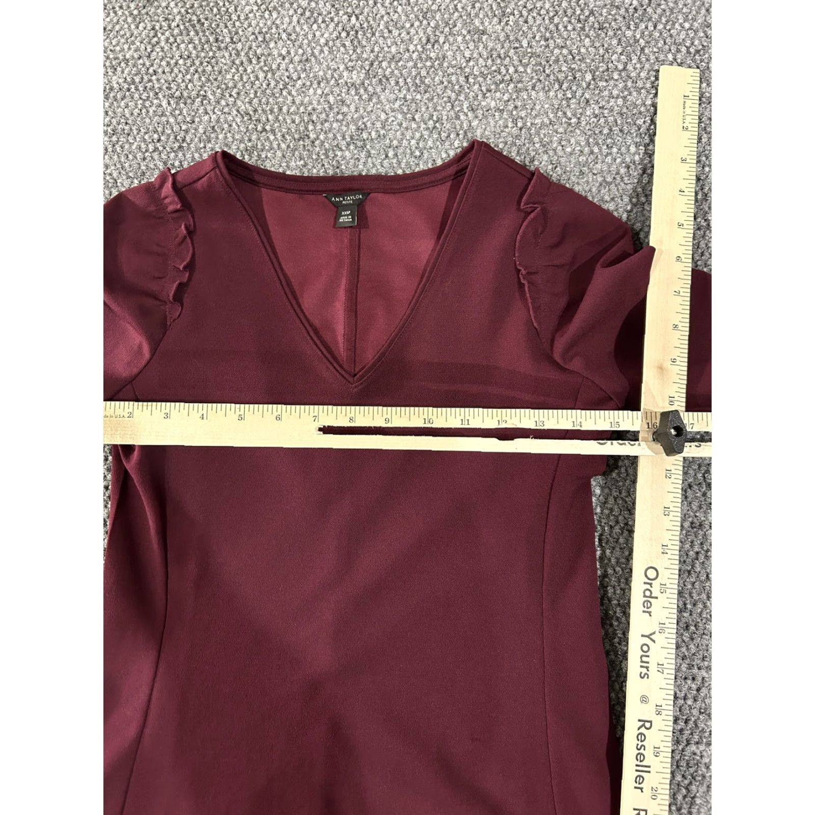 Ann Taylor Ann Taylor Petite Shirt Womens XXSP Burgundy V Neck Ruffle Sleeve Top Stretch Size XXS / US 00 / IT 34 - 5 Thumbnail