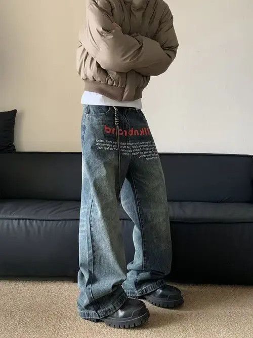 VIBE Blue washed distressed letter print straight jeans Size US 32 / EU 48 - 5 Thumbnail