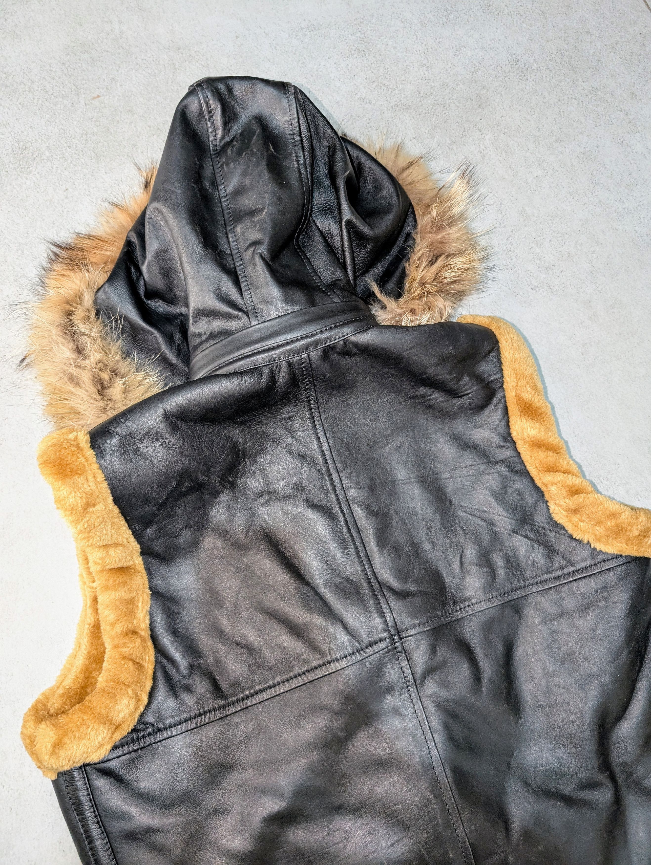 Genuine Leather × Vintage 🖤 Men's Black Shearling & Fox Fur Hooded Vest Leather Vest Size US L / EU 52-54 / 3 - 7 Thumbnail