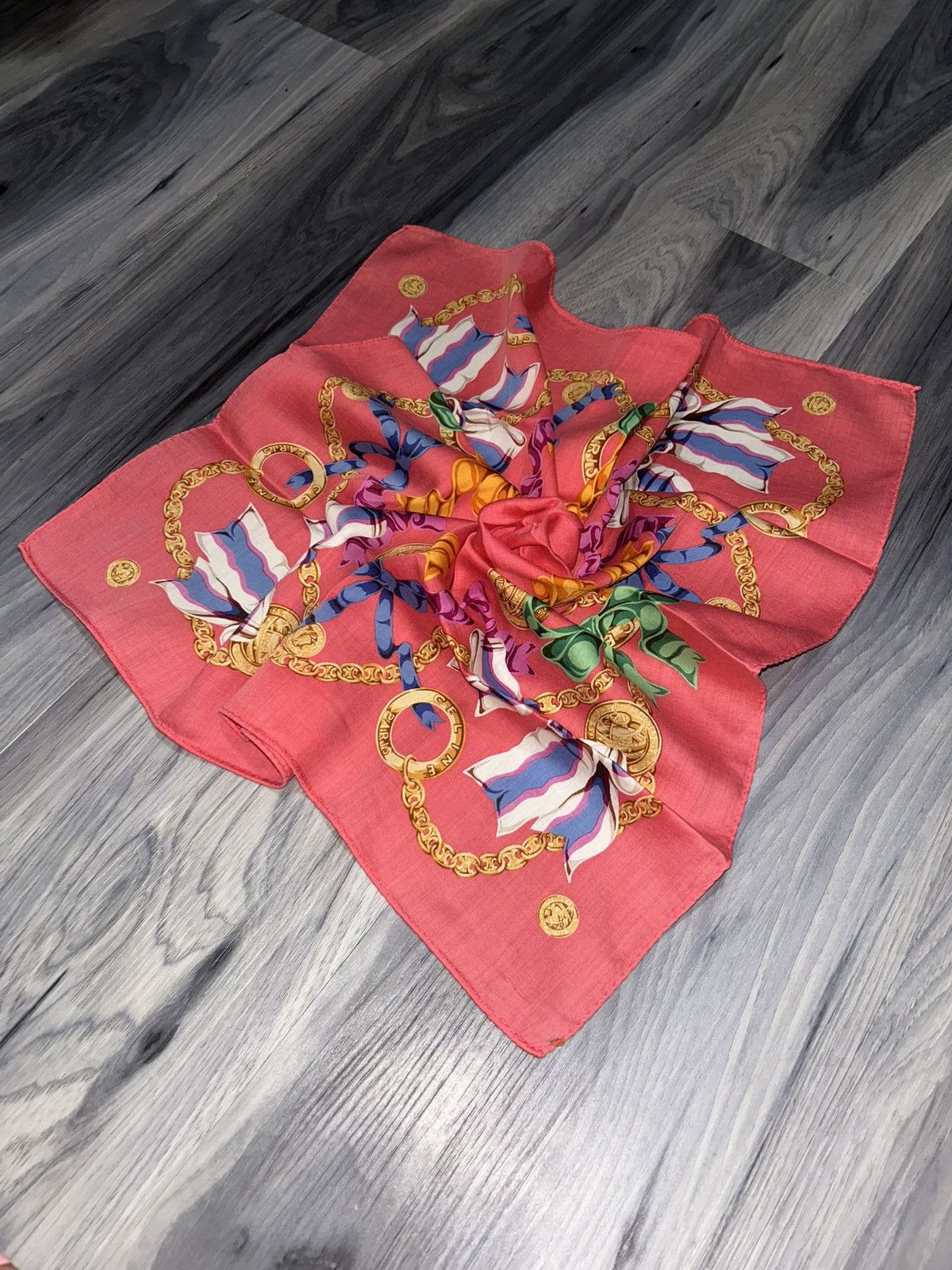 Celine Vintage Celine Pink Cotton Handkerchief w/ Chains & Ribbons Size ONE SIZE - 1 Thumbnail