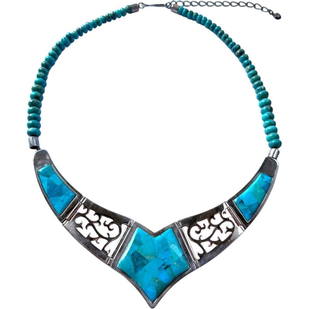 Vintage JAY KING DTR Mine Finds Genuine Turquoise Gemstone Copper Rose Gold Tone Bib Statement Necklace Designer Jewelry Size ONE SIZE - 15 Thumbnail