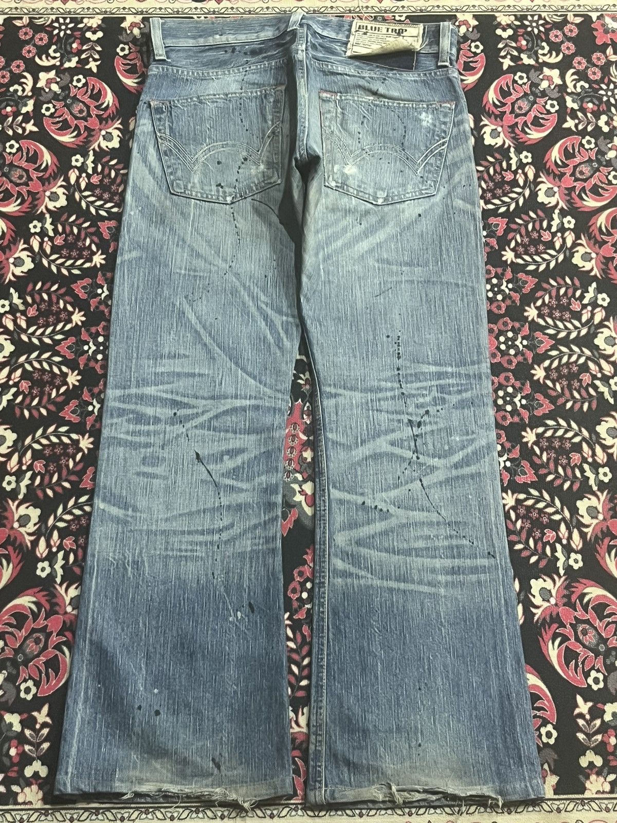 Tornado Mart Edwin 503 Blue Trip Distressed Paint Splattered Flare Jeans Size US 28 / EU 44 - 2 Thumbnail