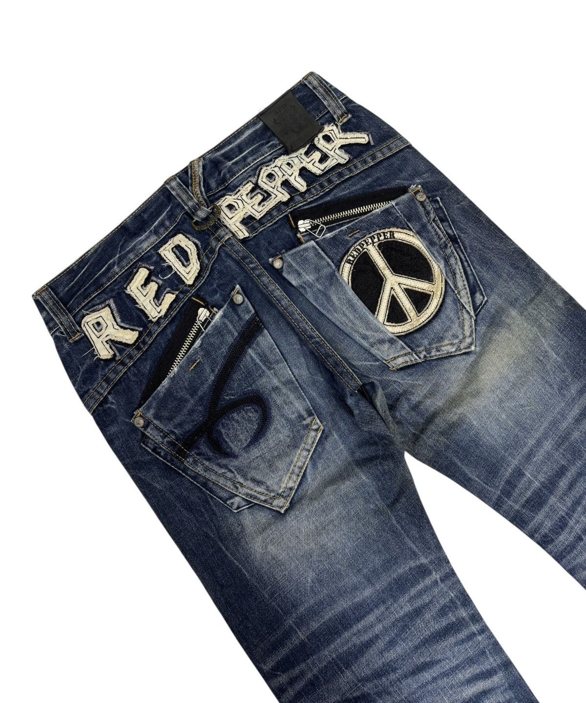 Tornado Mart 🔥RED PEPPER ☮️ EMBROIDERY FLARED JEANS DISTRESSED DENIM Size US 33 - 9 Thumbnail