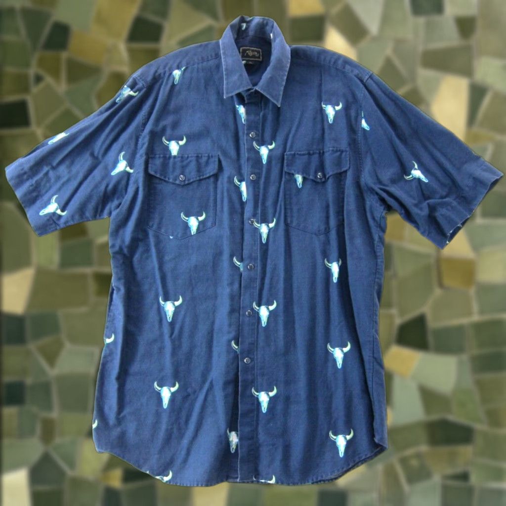 Roper Roper Shirt Men XL Blue Green Bull Skull Western Short Sleeve Button Down Rodeo Size US XL / EU 56 / 4 - 1 Thumbnail