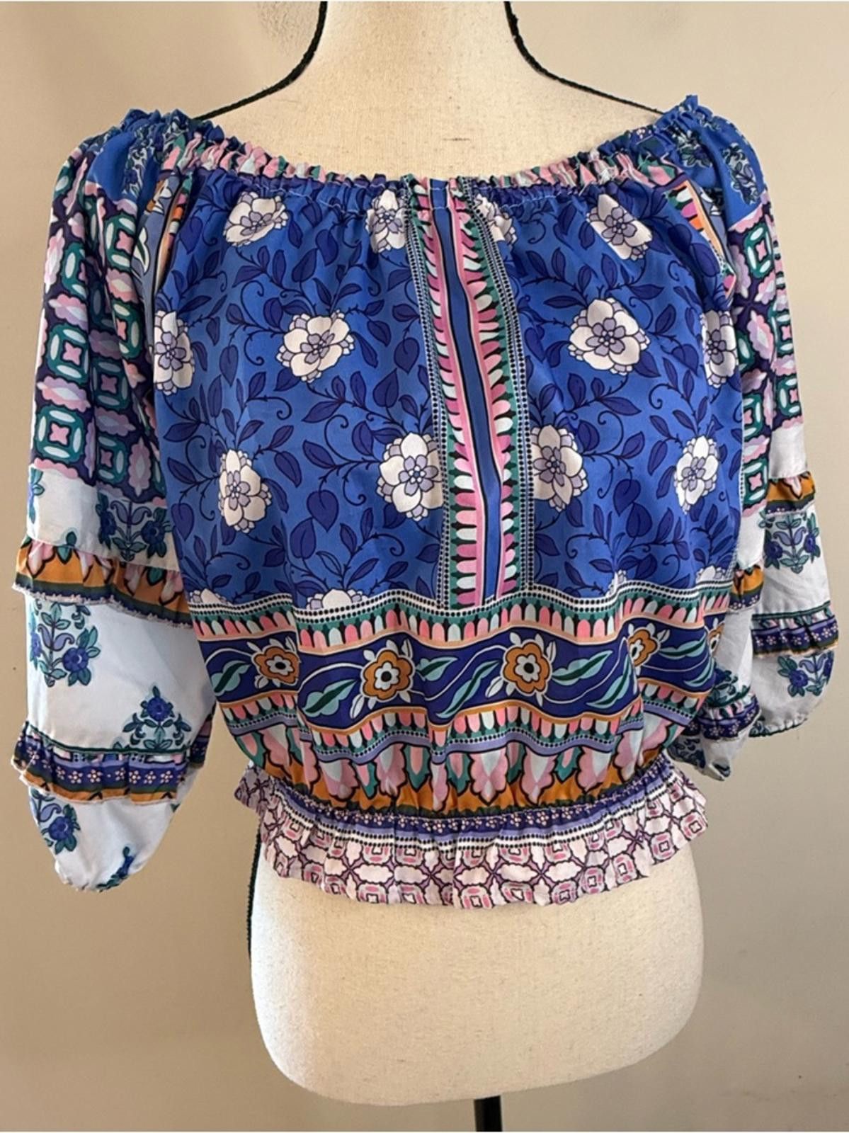 Other Rachel Zoe boho crop top blue multicolor puff sleeves SZ SM Size S / US 4 / IT 40 - 1 Thumbnail