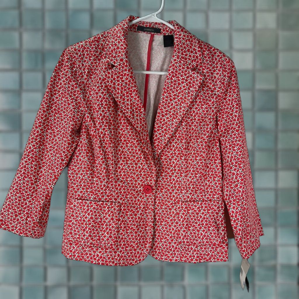 Liz Claiborne VINTAGE Liz Claiborne Women's Blazer Jacket - Red Floral Print 8, 3/4 Sleeve, Casual Formal Size M / US 6-8 / IT 42-44 - 1 Thumbnail