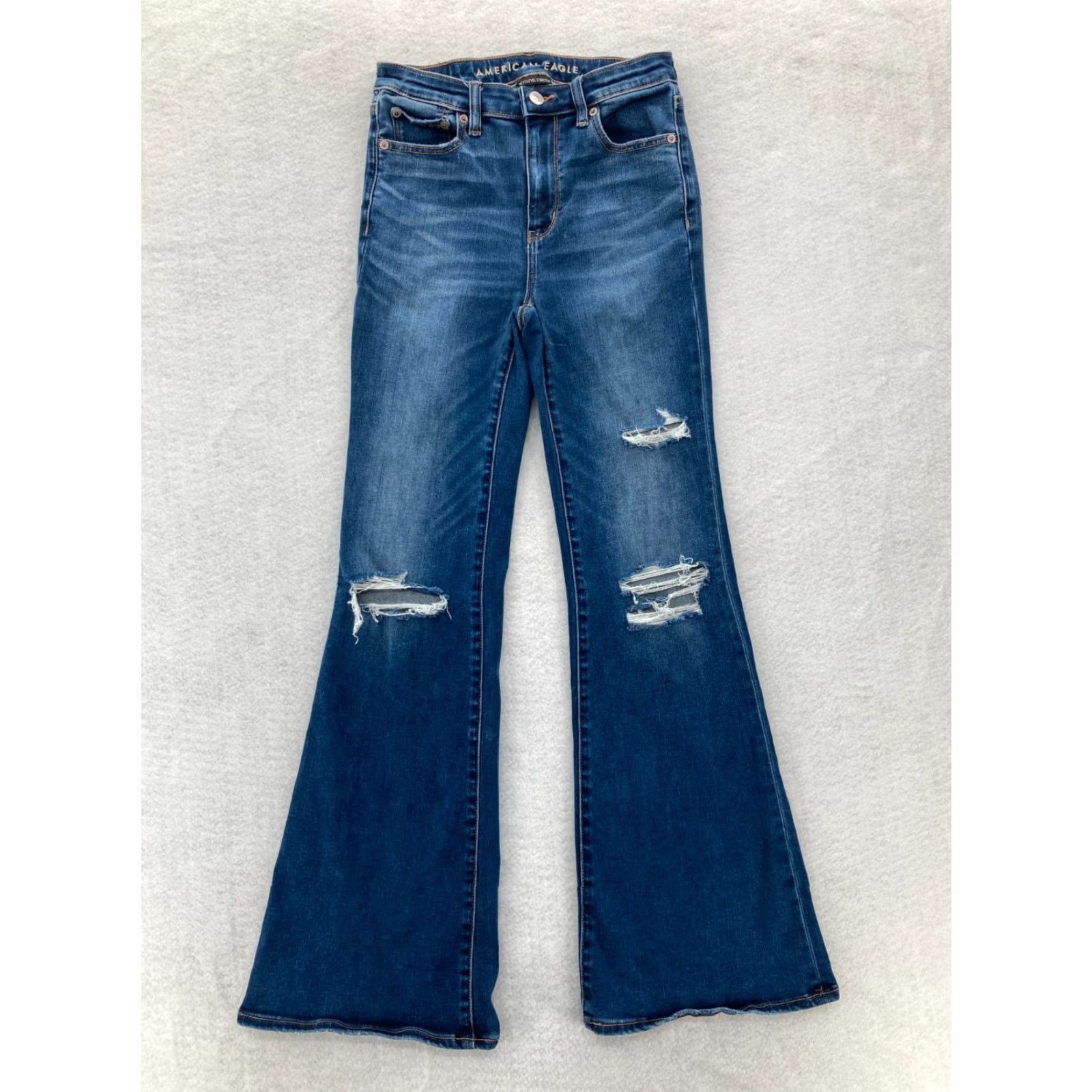 American Eagle Outfitters American Eagle Jeans Women's 2 High Rise Flare Denim Blue Stretch Distressed Y2K Jeans Size 42" / US 20 - 2 Thumbnail