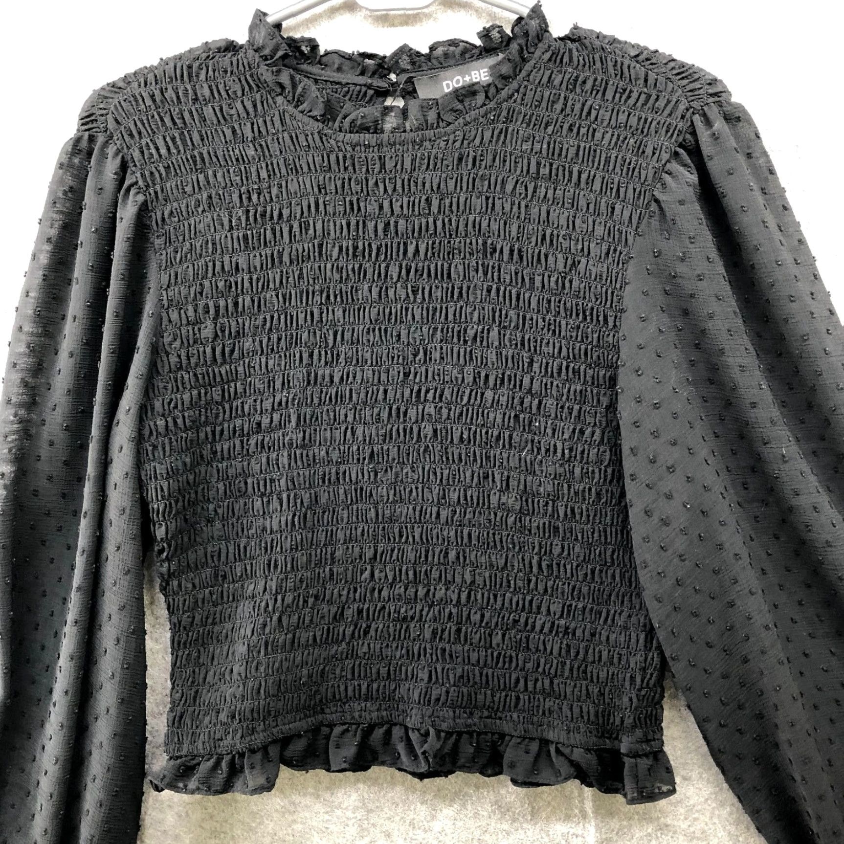 Vintage DO+BE Smocked Chiffon Top Womens M Black Balloon Sleeve Swiss Dot Shirt Blouse Crew Neck Casual Long Sleeve Pattern: Solid) Size M / US 6-8 / IT 42-44 - 4 Thumbnail