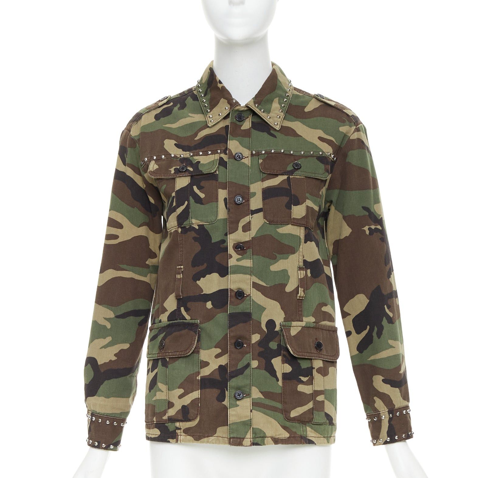 Saint Laurent Paris SAINT LAURENT 2015 green khaki camo print cotton studded army jacket XS Size S / US 4 / IT 40 - 1 Thumbnail