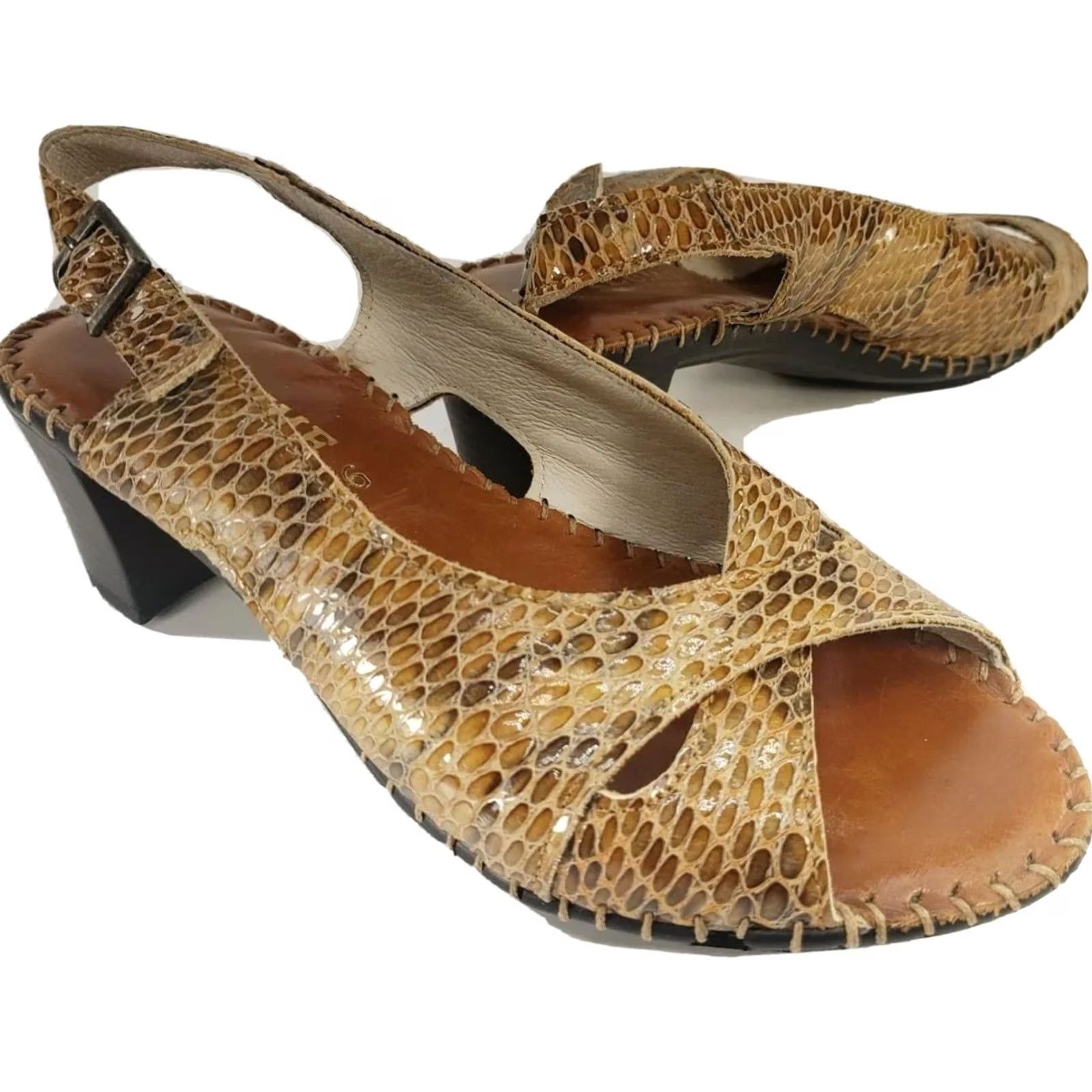 Vintage La Plume Leather Brown Tan Reptile Slingback Heeled Sandals Size 5-5.5M 36EU Women Size US 5.5 / IT 35.5 - 2 Thumbnail