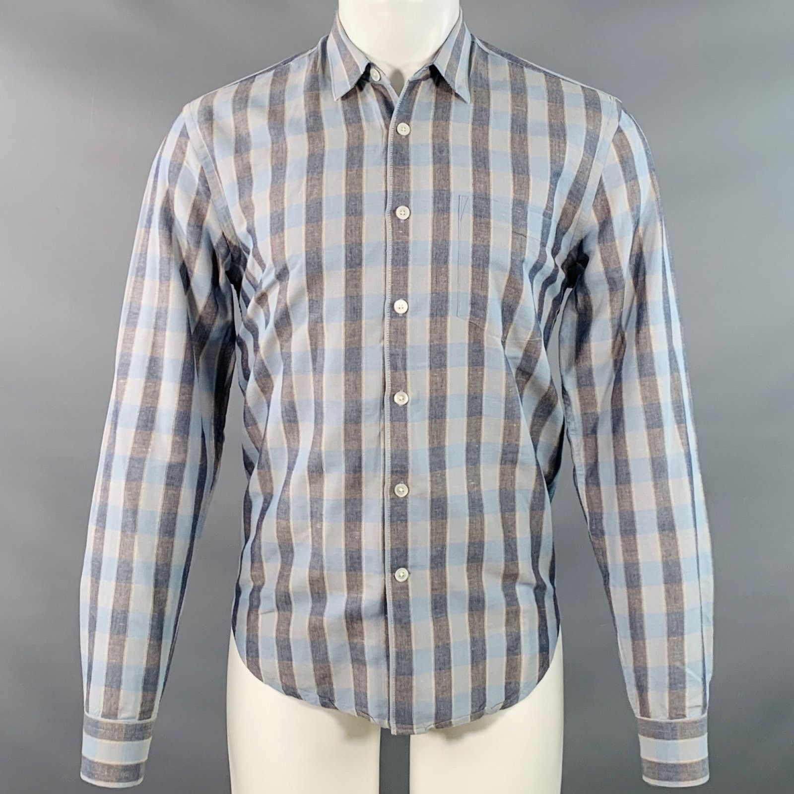 Our Legacy Blue Grey Plaid Linen Cotton One Pocket Long Sleeve Shirt Size US S / EU 44-46 / 1 - 1 Thumbnail