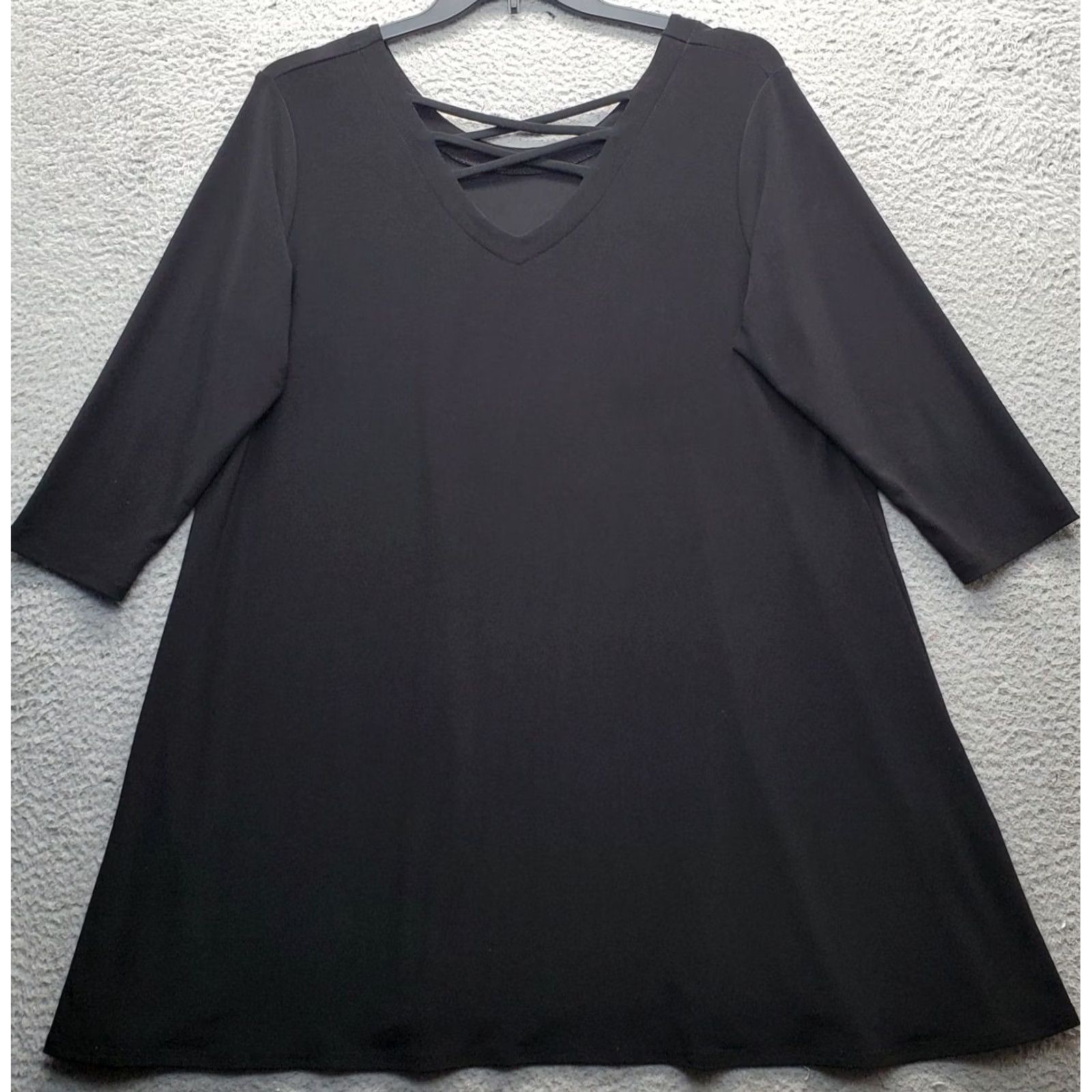 Vintage Sympli A-Line Dress Womens 16 Black Stretch 3/4 Sleeve Criss-Cross Neck V-Neck Casual Party/Cocktail Midi Size XXL / US 16-18 / IT 52-54 - 2 Thumbnail