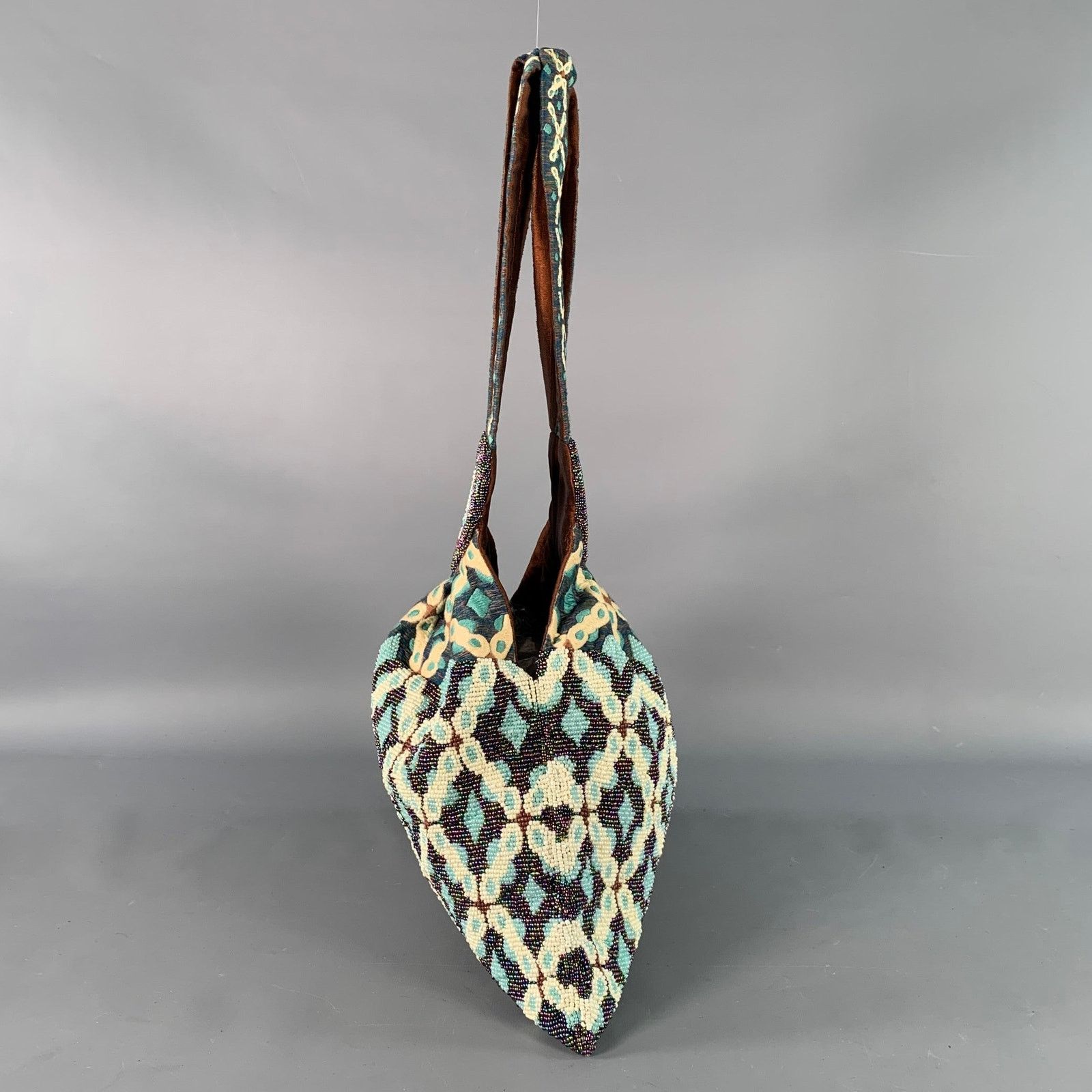 Other Blue Brown White Beaded Hand Embroidered Cotton Handbag Size ONE SIZE - 4 Thumbnail