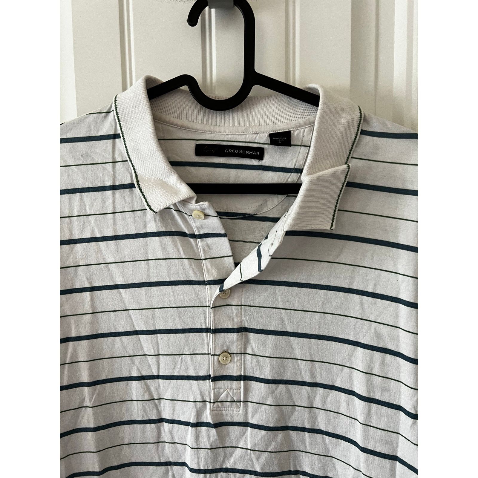 Greg Norman Men’s Polo Golf Shirt Short Sleeve Shark Logo Striped White Size US L / EU 52-54 / 3 - 5 Thumbnail