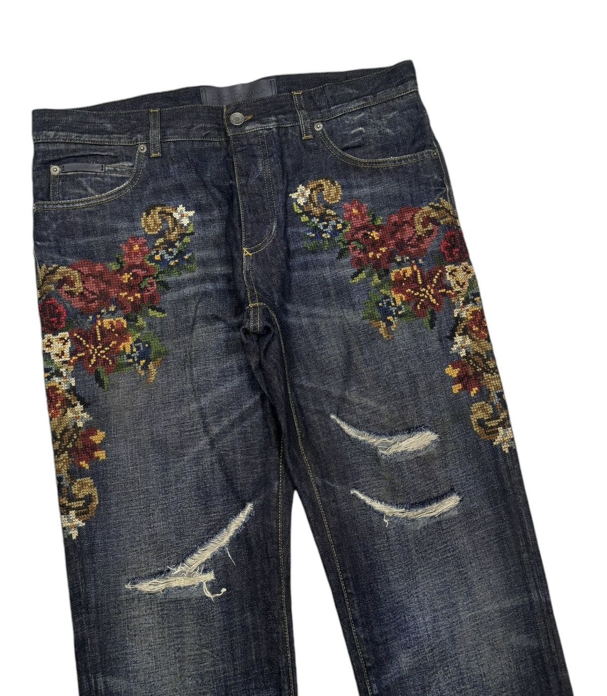 Dolce & Gabbana 🐎DOLCE & GABBANA FLOWER KNIT DISTRESSED DENIM JEANS Size US 35 - 3 Thumbnail