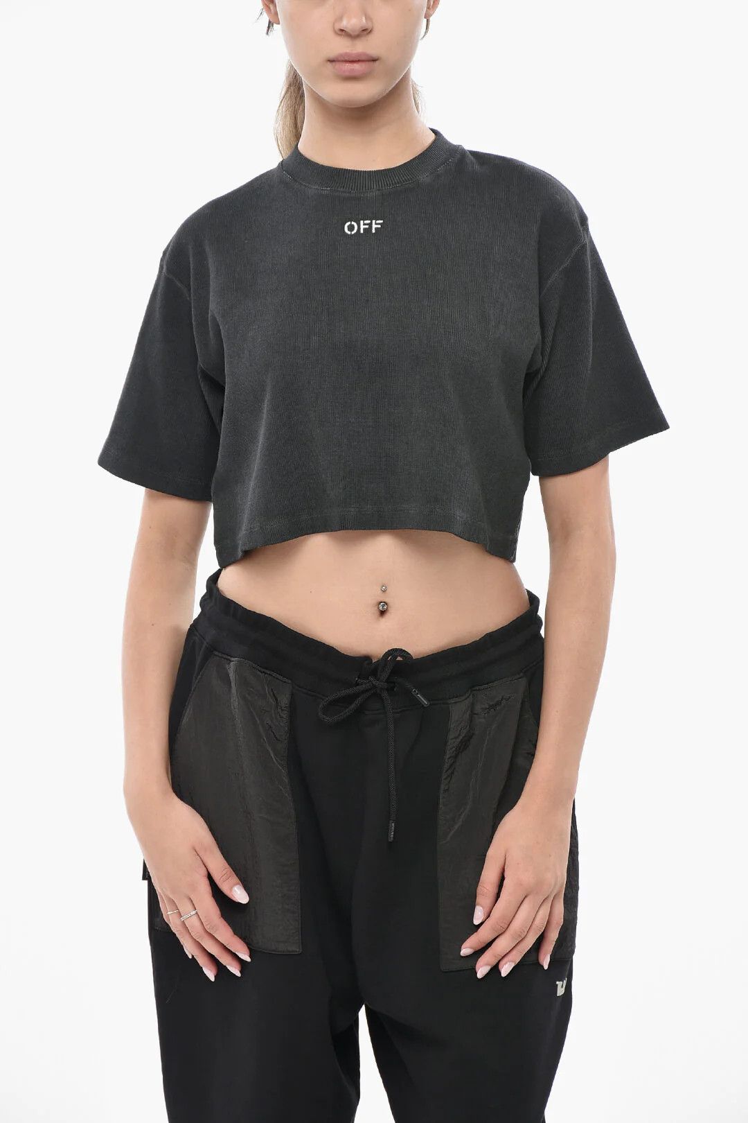 Off-White og1mm0426 Ribbed Cotton-Blend Crop T-Shirt in Grey Size M / US 6-8 / IT 42-44 - 1 Thumbnail