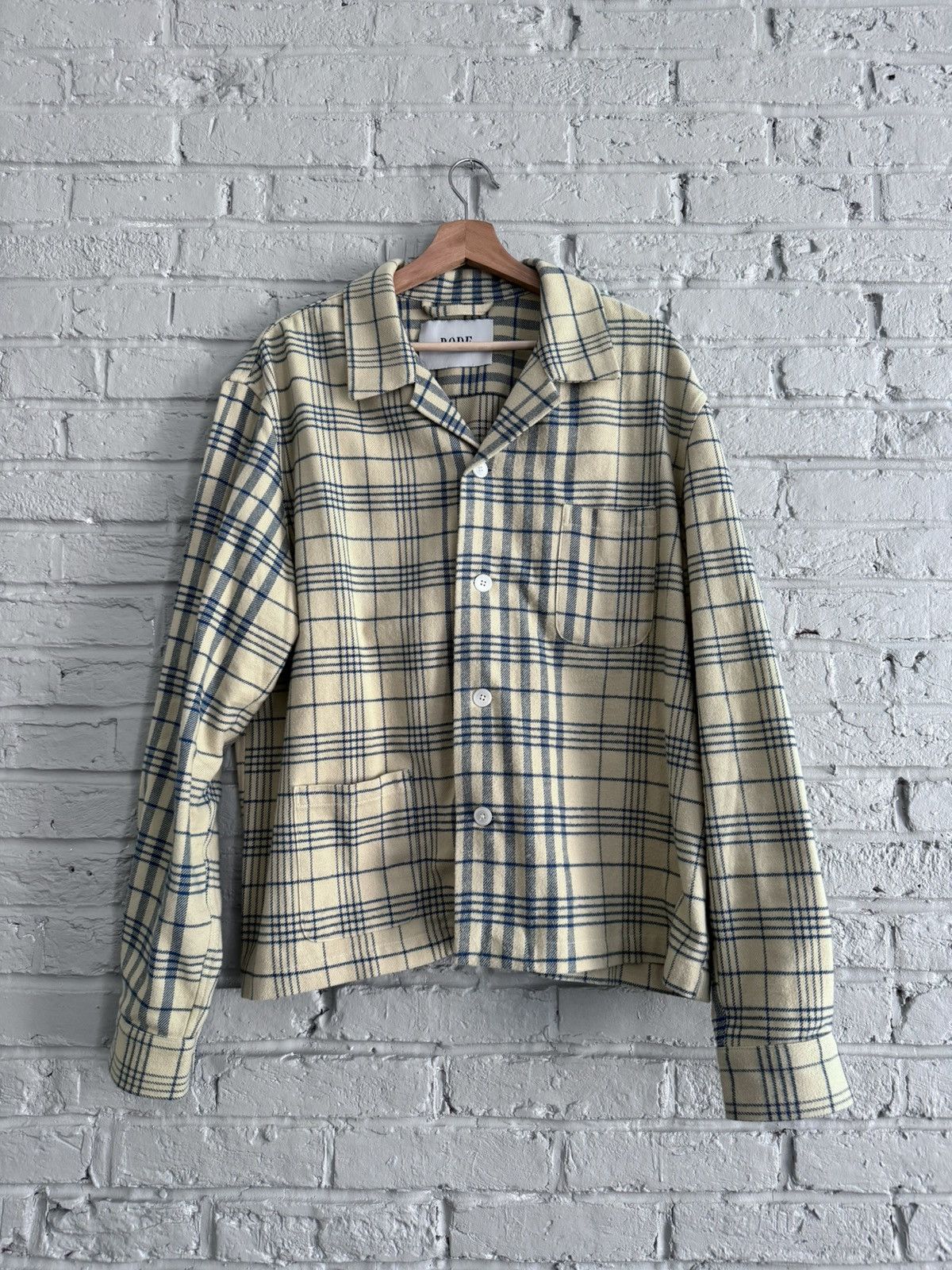 image of Bode Plaid Wool Overshirt in Cream/Blue, Men's (Size XL)