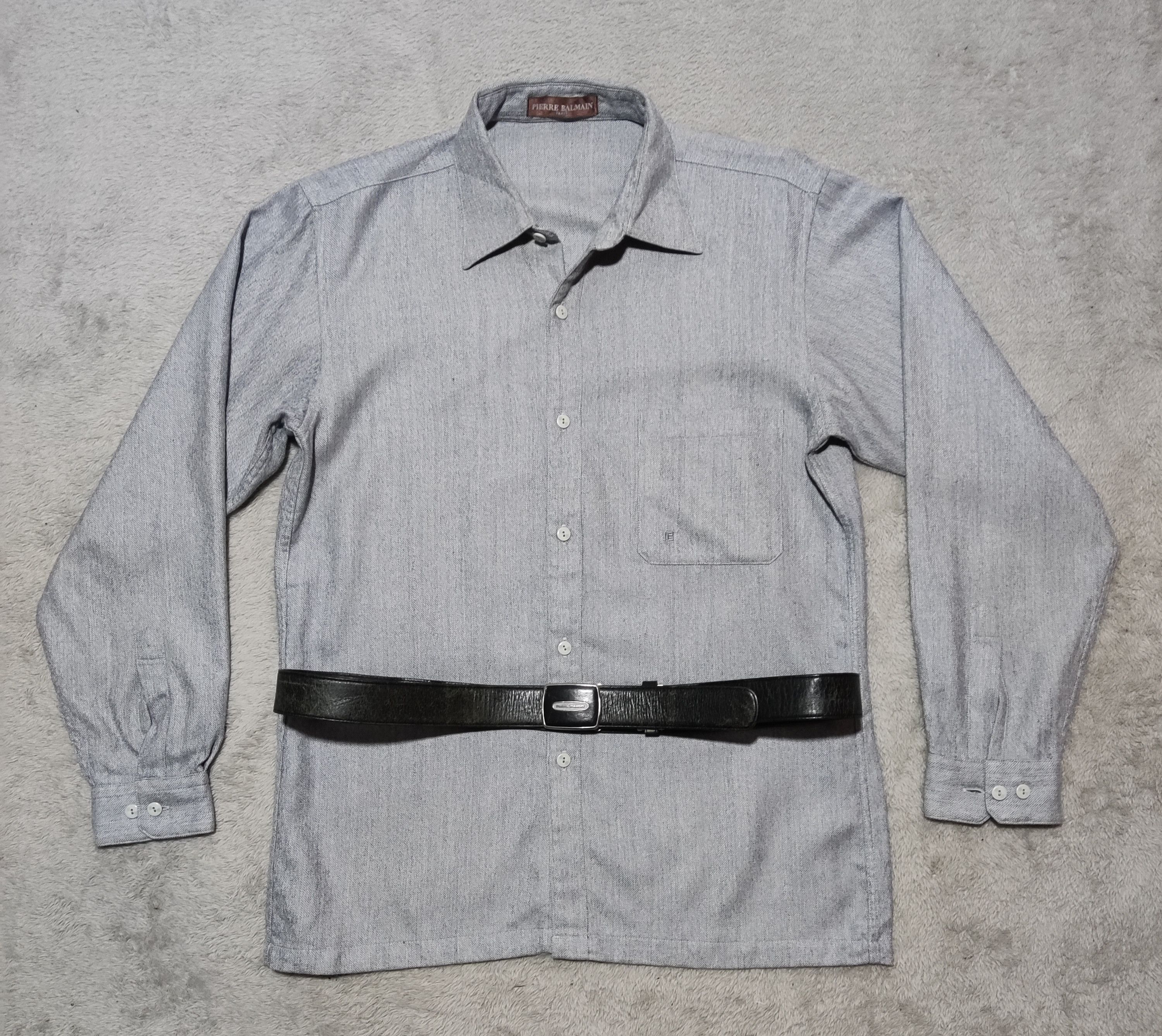 Pierre Balmain Pierre Balmain Leather Belt- Wool/Slik Button Up Gray Shirt Size 46 - 1 Thumbnail