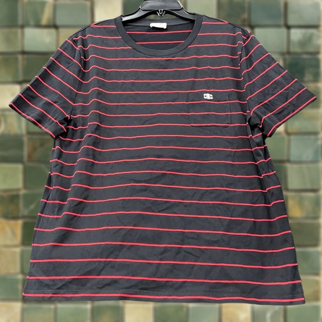 Celine Triomphe T-Shirt Striped Jersey Men's 1XL Black/Red/Ecru, Men's