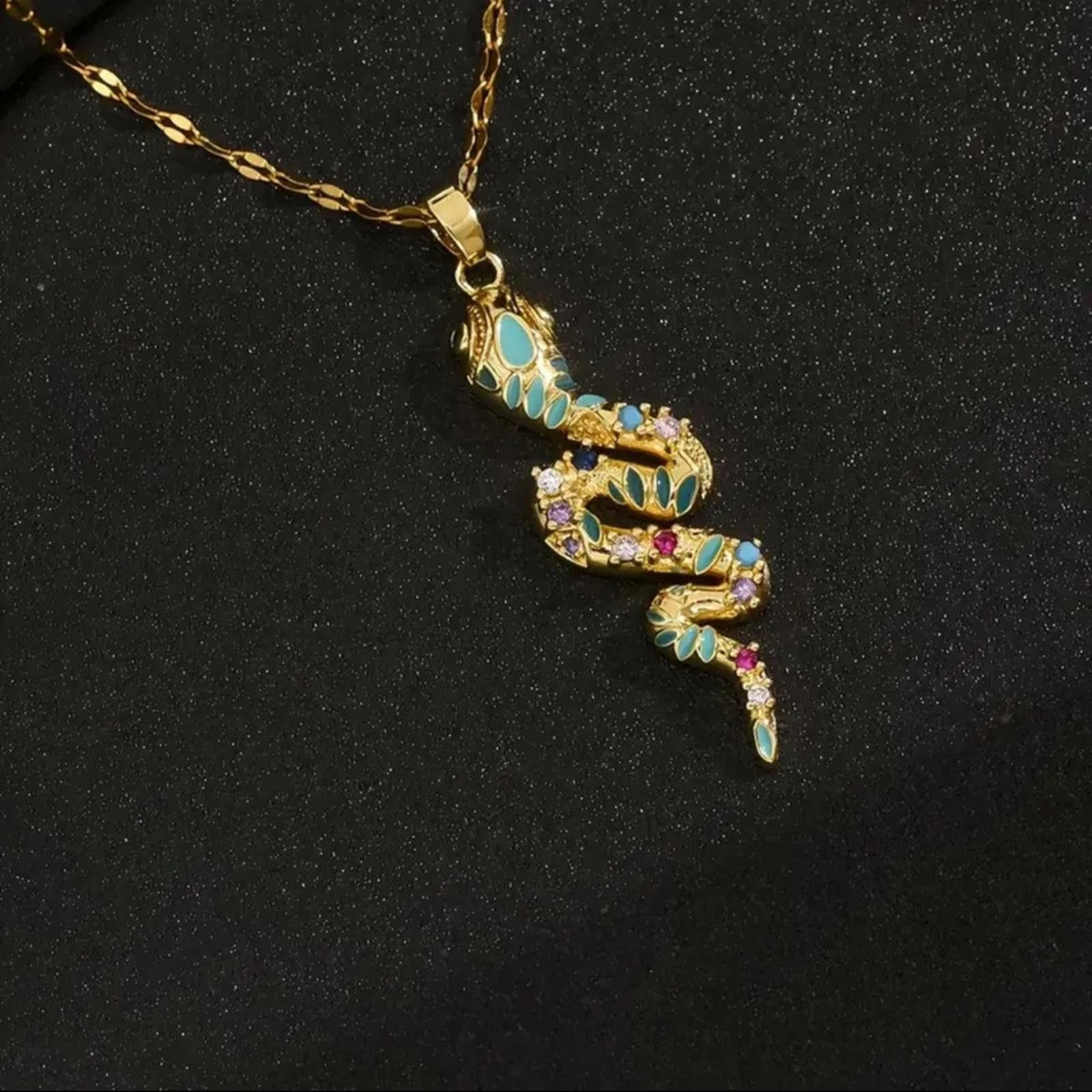 Designer Gold Snake Pendant Necklace with Stones Size ONE SIZE - 4 Thumbnail