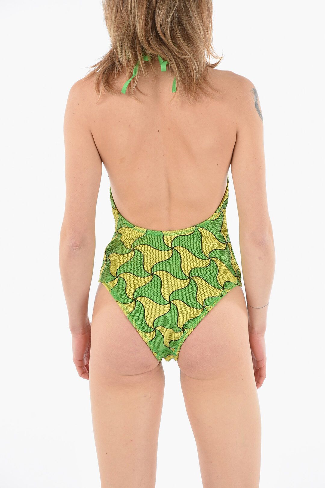 Bottega Veneta BOTTEGA VENETA green yellow one piece crinkle swimsuit M q Size 28" / US 6 / IT 42 - 3 Thumbnail