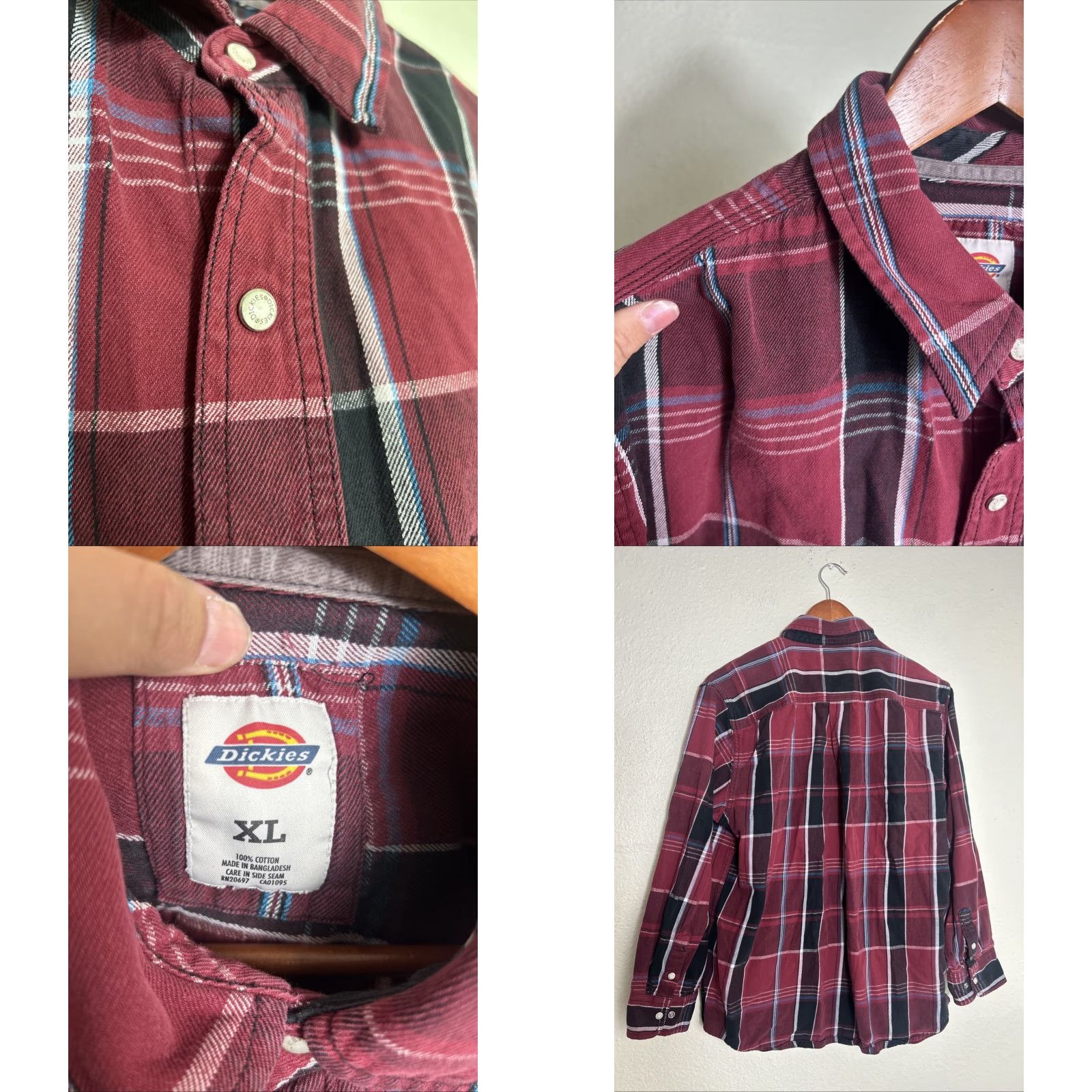 Dickies Dickies Mens XL Long Sleeve Pearl Snap Shirt Burgundy Plaid Flannel Cotton Size US XL / EU 56 / 4 - 8 Thumbnail