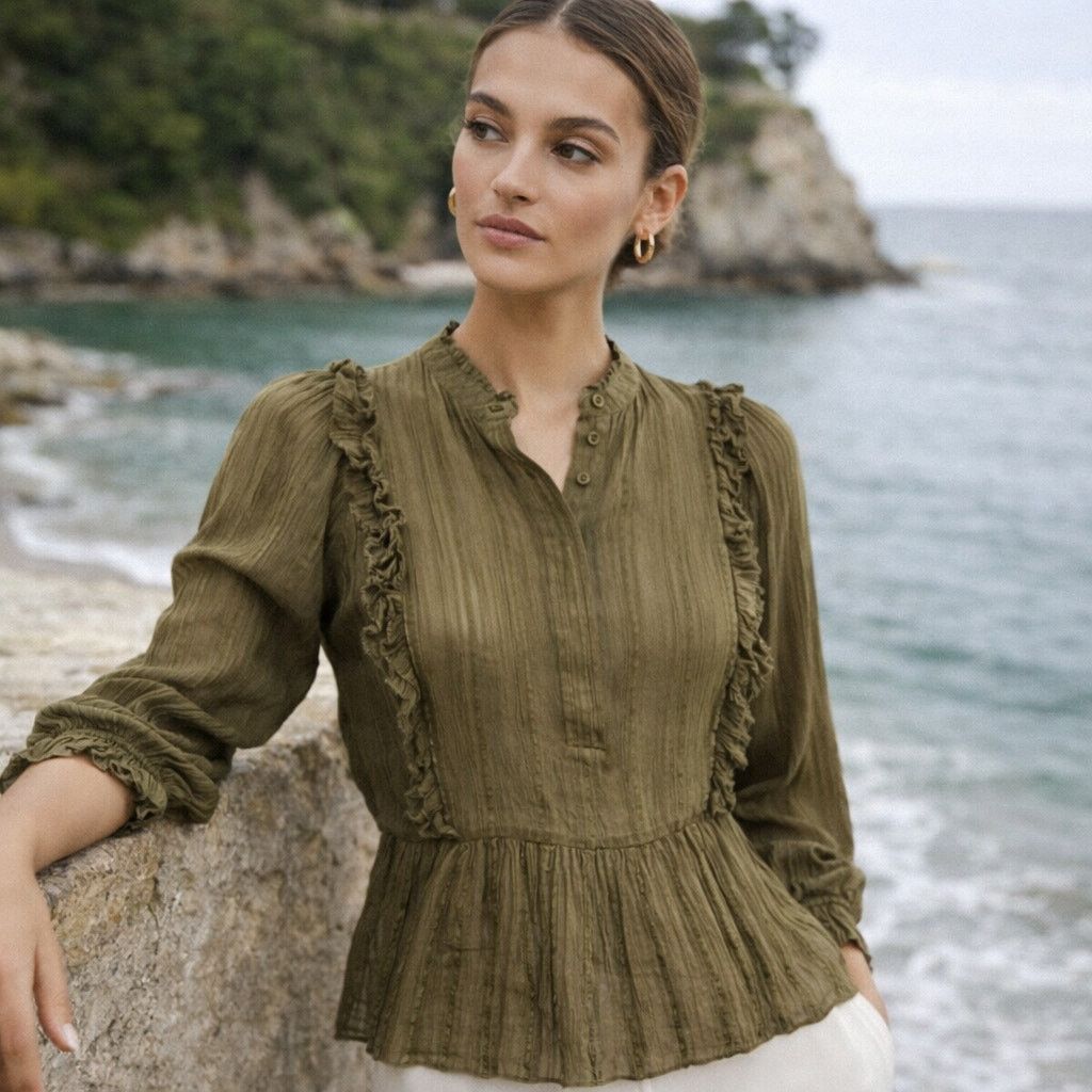 Reiss REISS Alandra Sheer Ruffle Blouse 1/2 button in olive green Size XS / US 0-2 / IT 36-38 - 1 Thumbnail