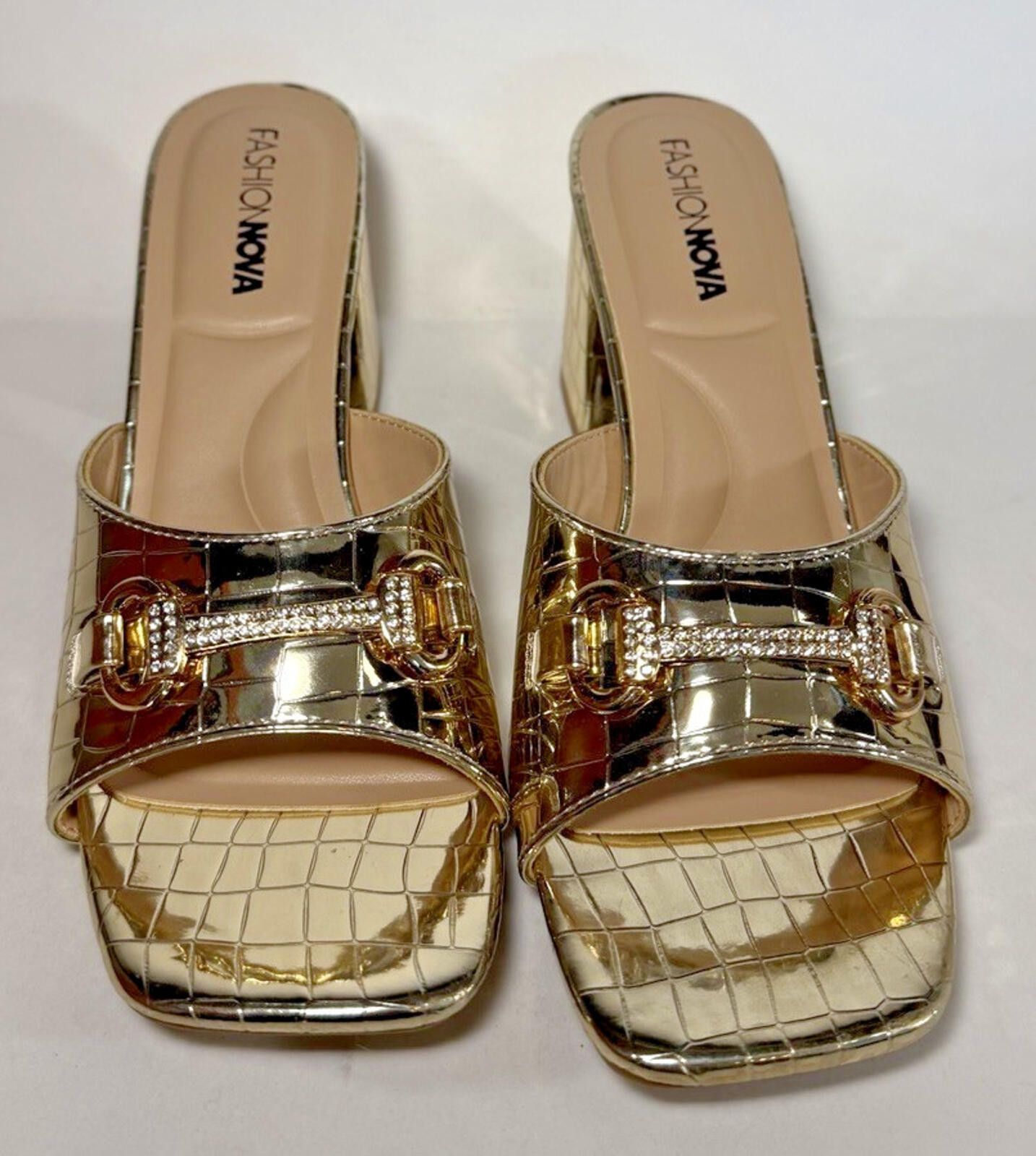 Fashion Nova FASHION NOVA Xylia Hardware Croc Mules Block Heel Gold Size US 8 / IT 38 - 2 Thumbnail