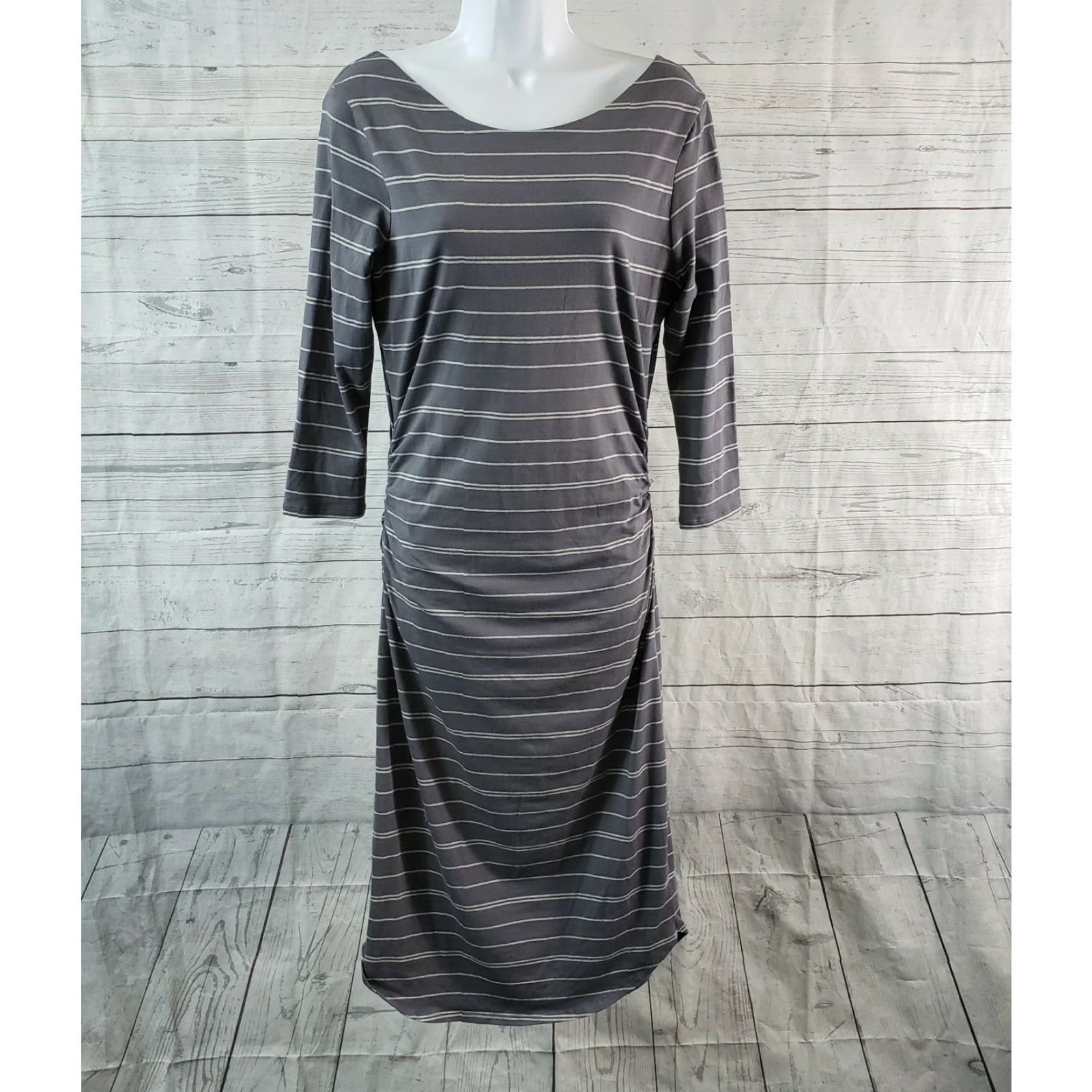 Athleta Athleta Striped Midi Dress Womens Small Gray 3/4 Sleeve Scoop Back Casual Cotton Blend Sheath Size S / US 4 / IT 40 - 2 Thumbnail