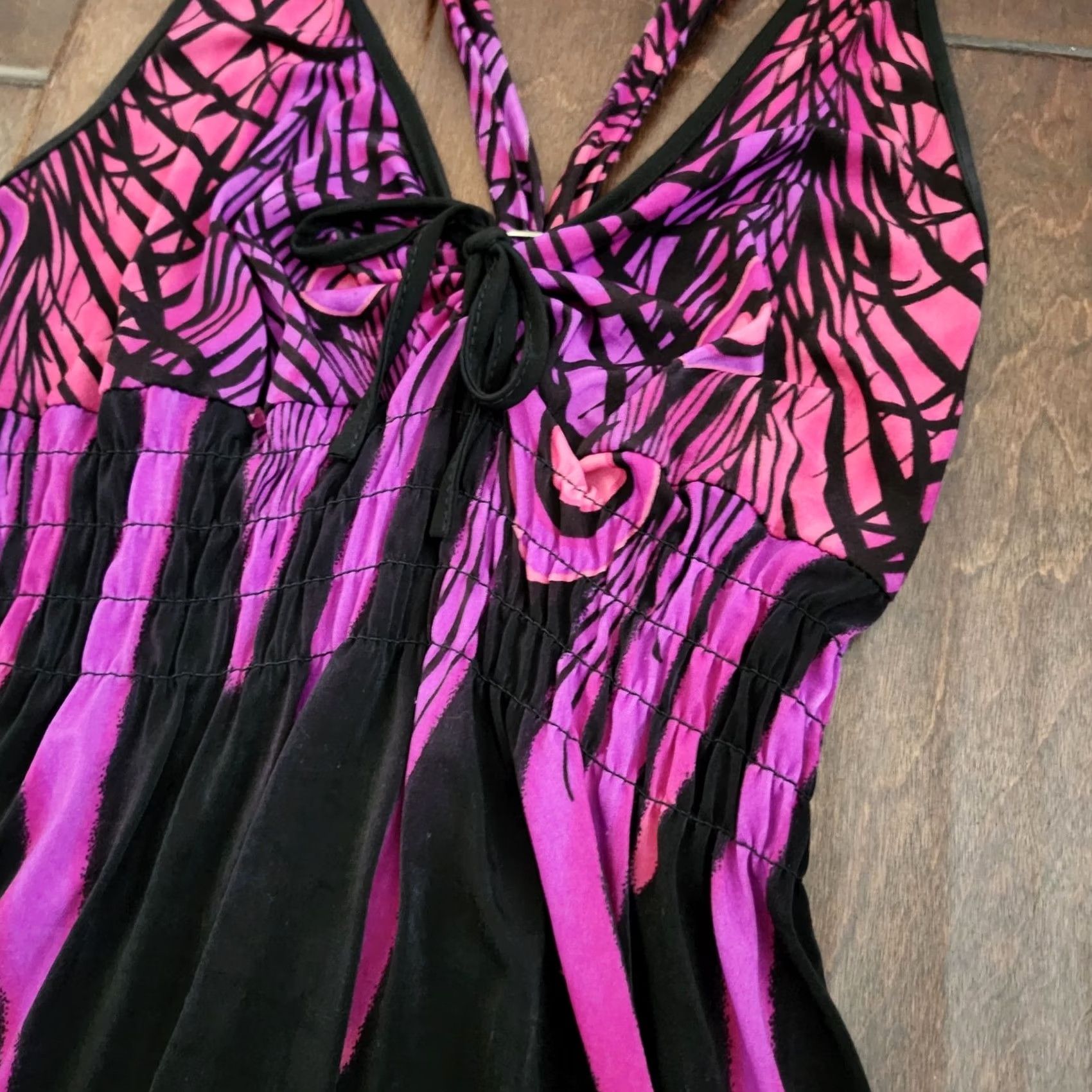 Vintage Ace Fashion Womens M Pink Black Peacock Print Halter Maxi Dress Size M / US 6-8 / IT 42-44 - 5 Thumbnail