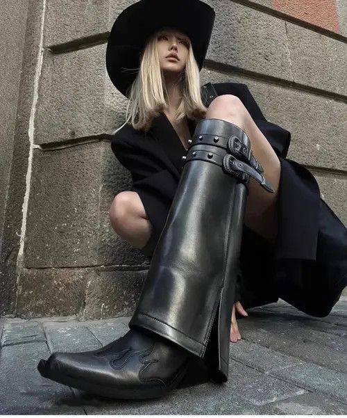 Vintage WomenS Biker Cowboy Boots Gothic High Heel Shoes Motorcycle Style in Black, Women's (Size 6.5)