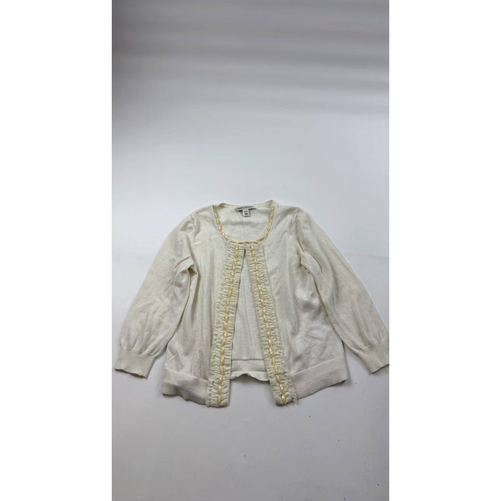Banana Republic Banana Republic Cardigan Sweater Womens Petite Small Ivory Beaded Open Front Long Sleeve Ruched Trim Size S / US 4 / IT 40 - 5 Thumbnail