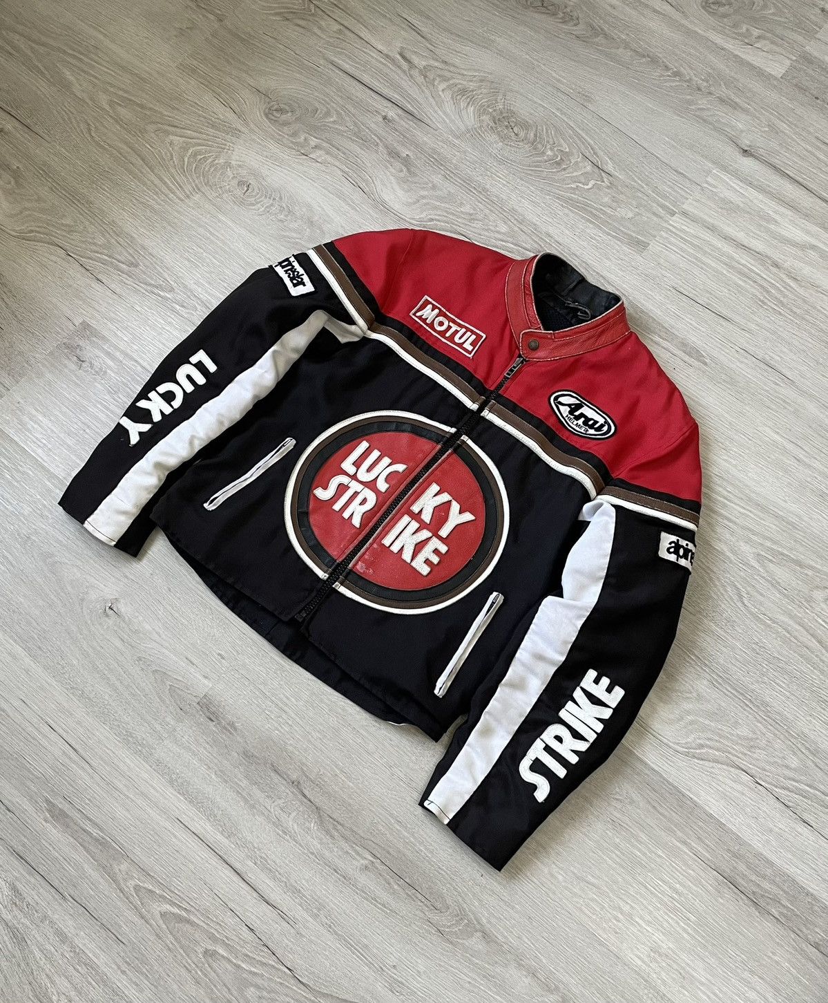 image of Racing x Vintage Leather Jacket Moto Bike Lucky Strike in Red, Men's (Size Medium)