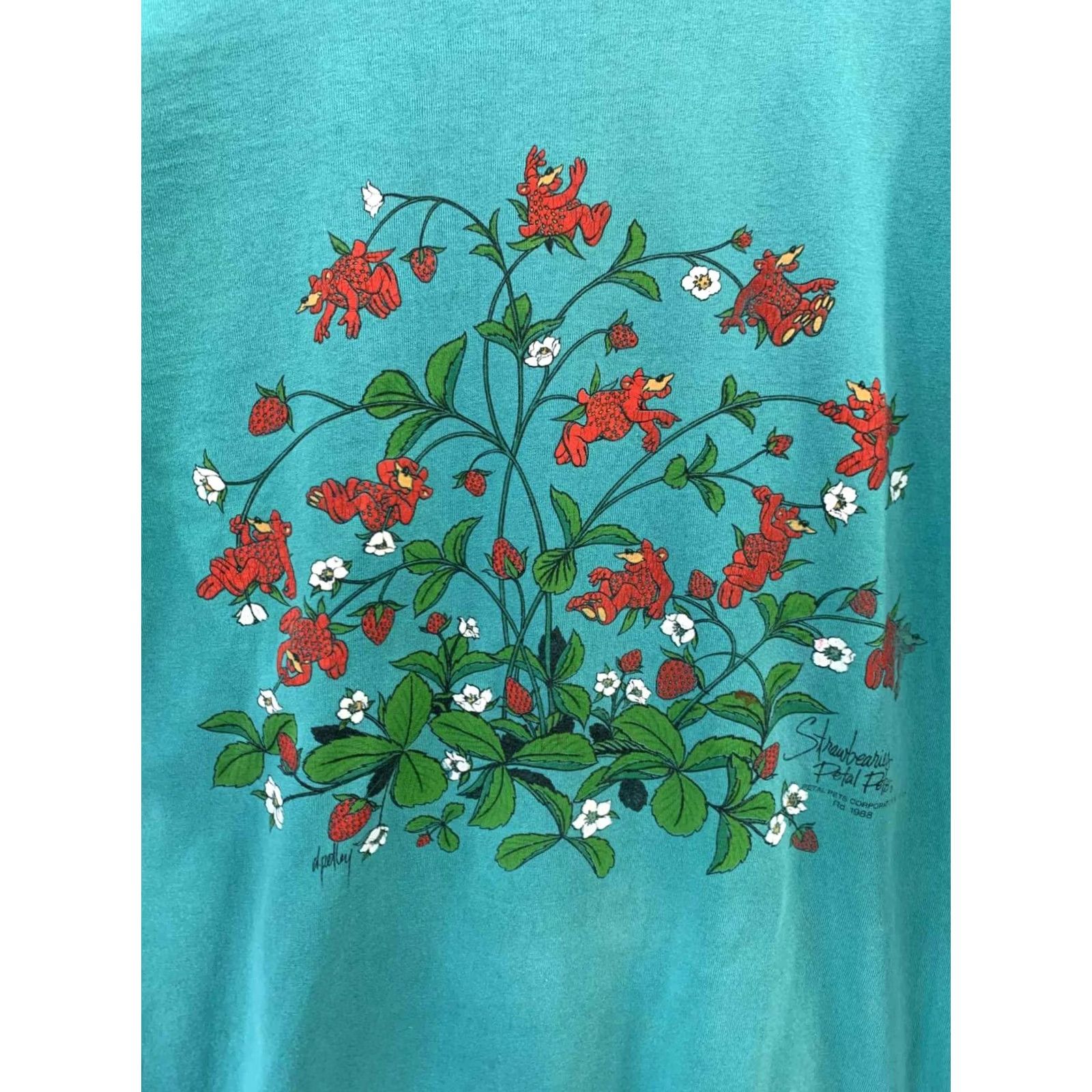 Vintage VINTAGE Bonavelle Canada Petal Pets “Strawberries” Graphic T-Shirt Mens M Teal Green Blue Size US M / EU 48-50 / 2 - 6 Thumbnail
