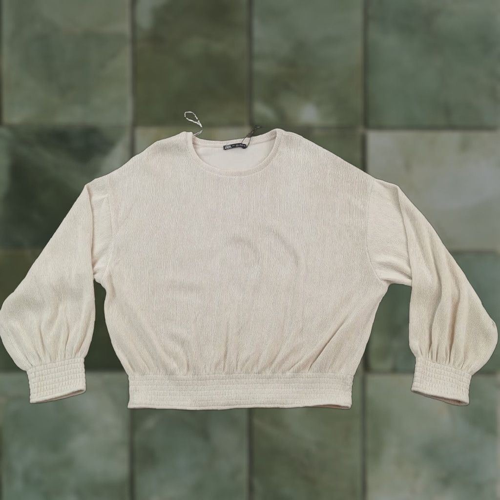 Zara Womens Zara Large Top Beige Balloon Sleeve Long Sleeve Ribbed Casual Stretch Size L / US 10 / IT 46 - 1 Thumbnail