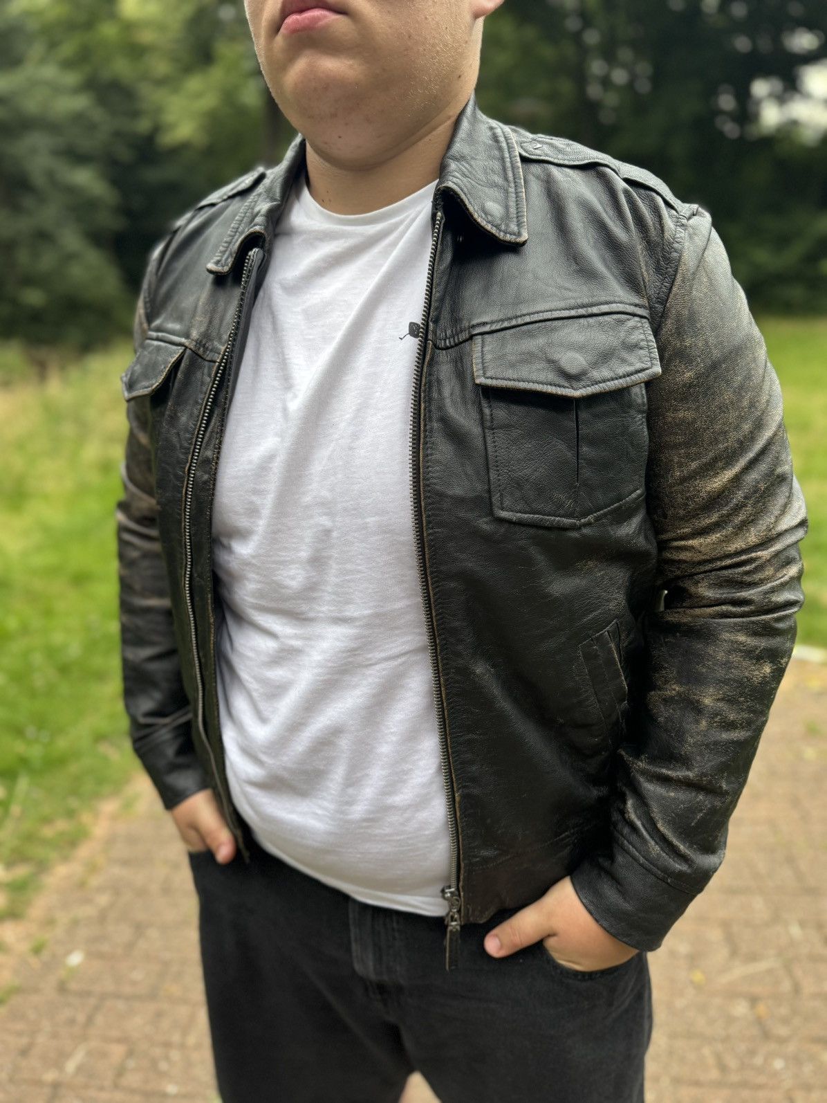 Armani Exchange Armani Jeans Black Leather Jacket – Distressed Look Size US L / EU 52-54 / 3 - 2 Thumbnail