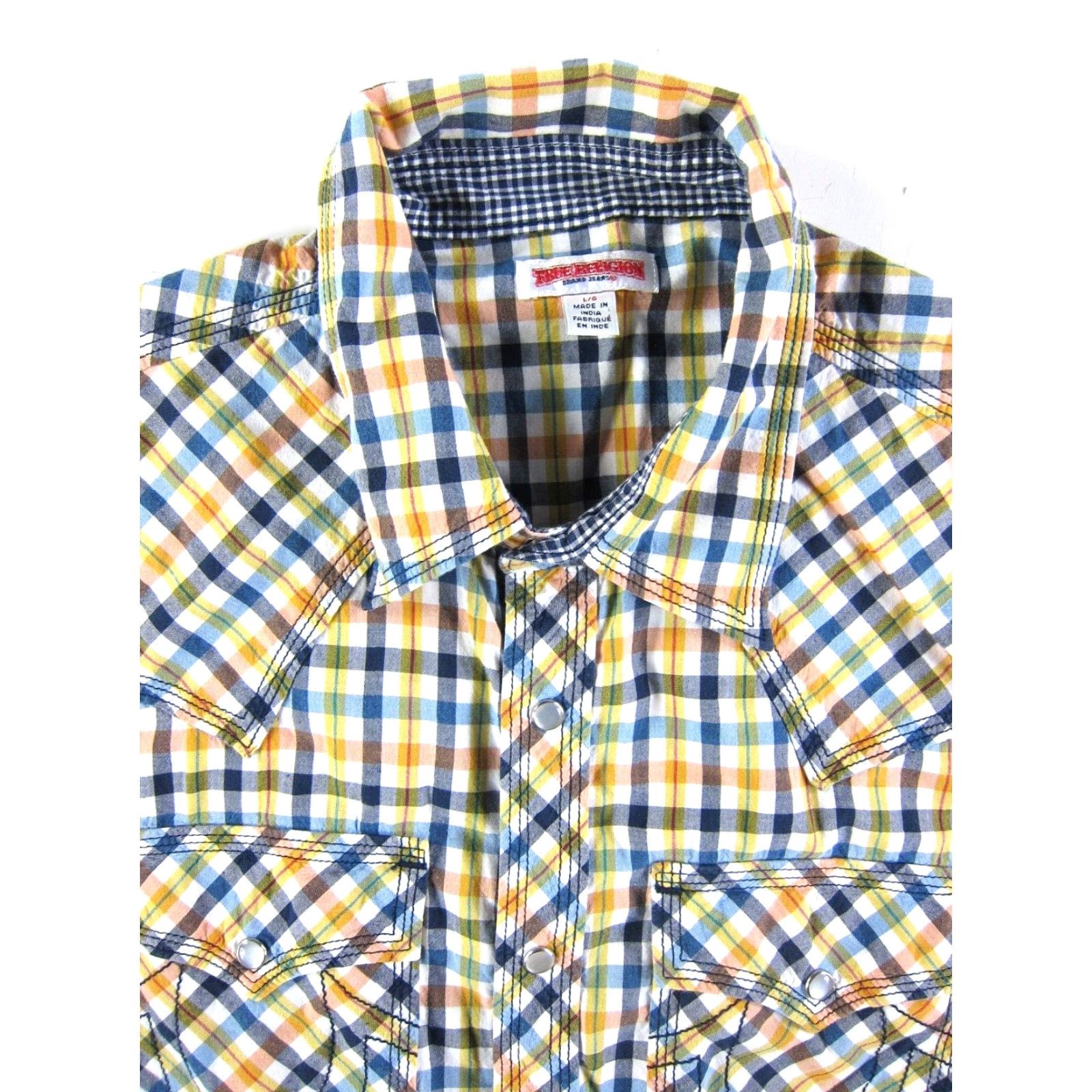 True Religion TRUE RELIGION Shirt Plaid Button-Up Short Sleeve Cotton Men L Blue Yellow Pink" Size US L / EU 52-54 / 3 - 4 Thumbnail