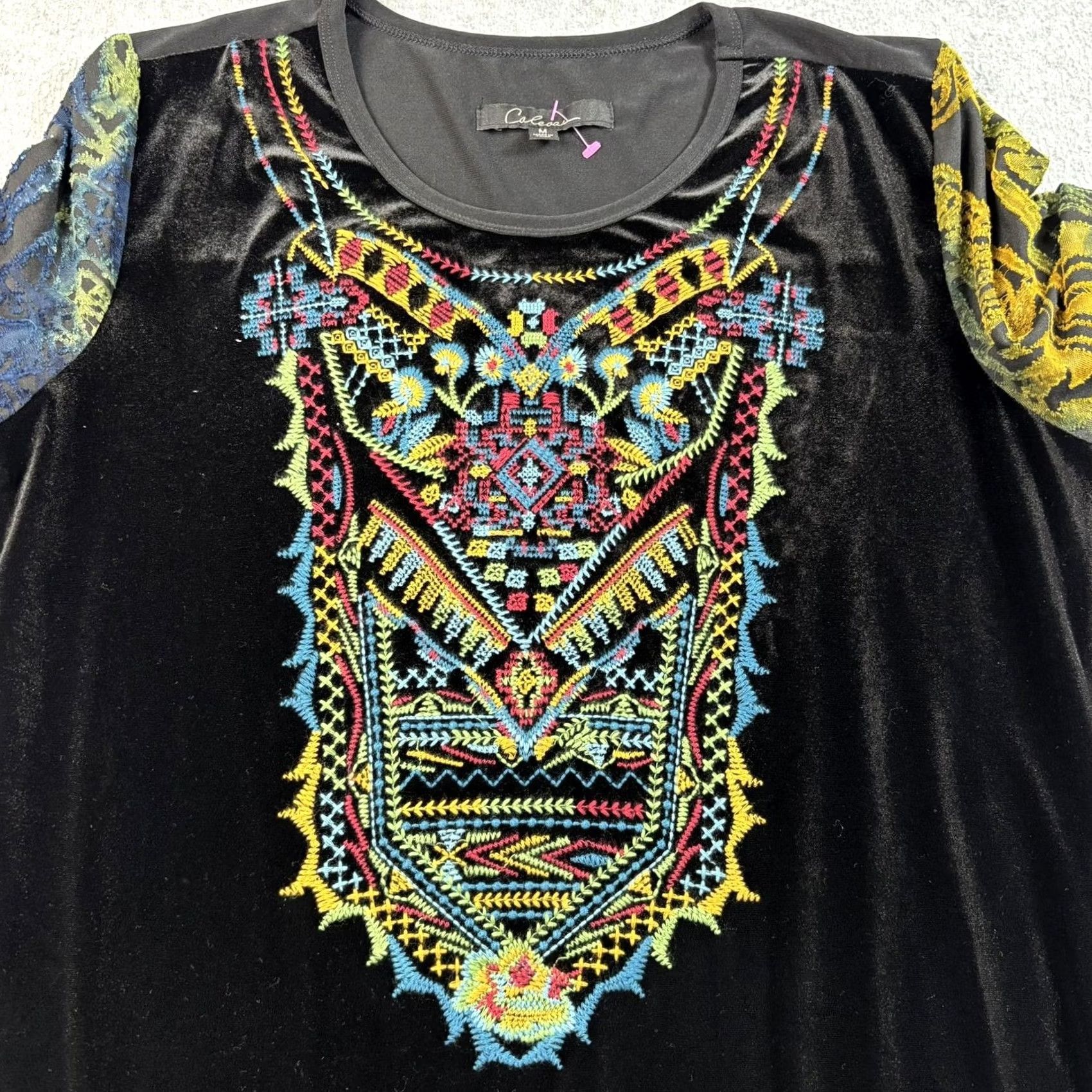 Vintage Calessa Shirt Women M Black Velvet Burnout Embroidered Geometric Boho Tunic Blouse Size M / US 6-8 / IT 42-44 - 6 Thumbnail