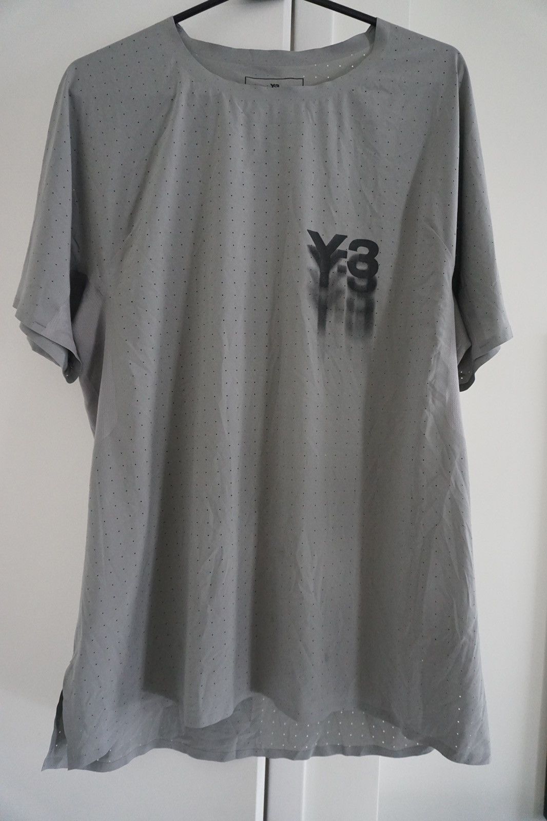 image of Y 3 x Yohji Yamamoto Y-3 Logo-Print Perforated T-Shirt in Grey, Men's (Size Medium)