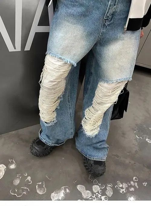 Jean Fujiwara x Asa Baggy distressed ripped wide leg y2k jeans Size US 34 / EU 50 - 5 Thumbnail
