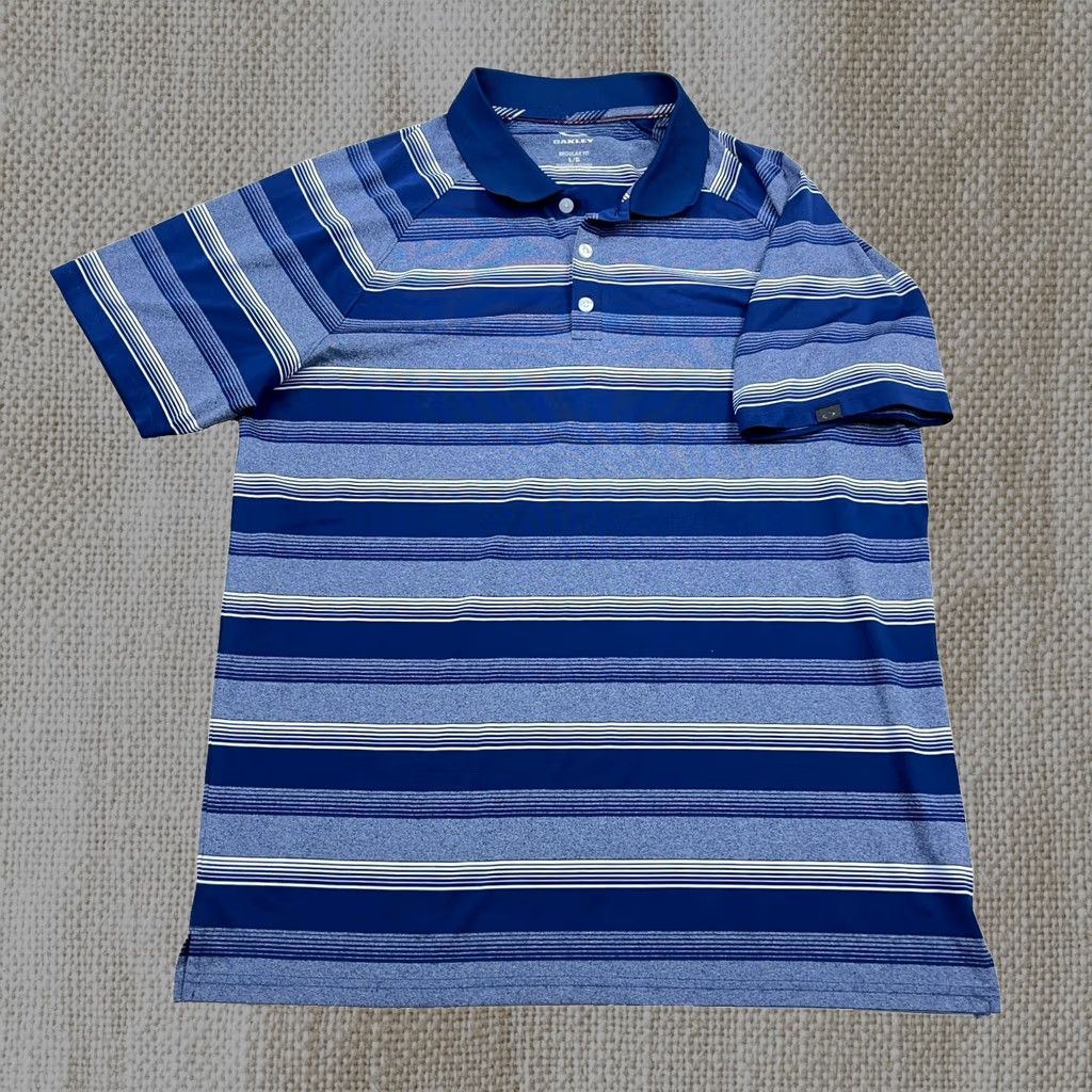 Oakley Polo Shirt Men Large Blue Striped Regular Fit Performance Dry Wicking, Men's