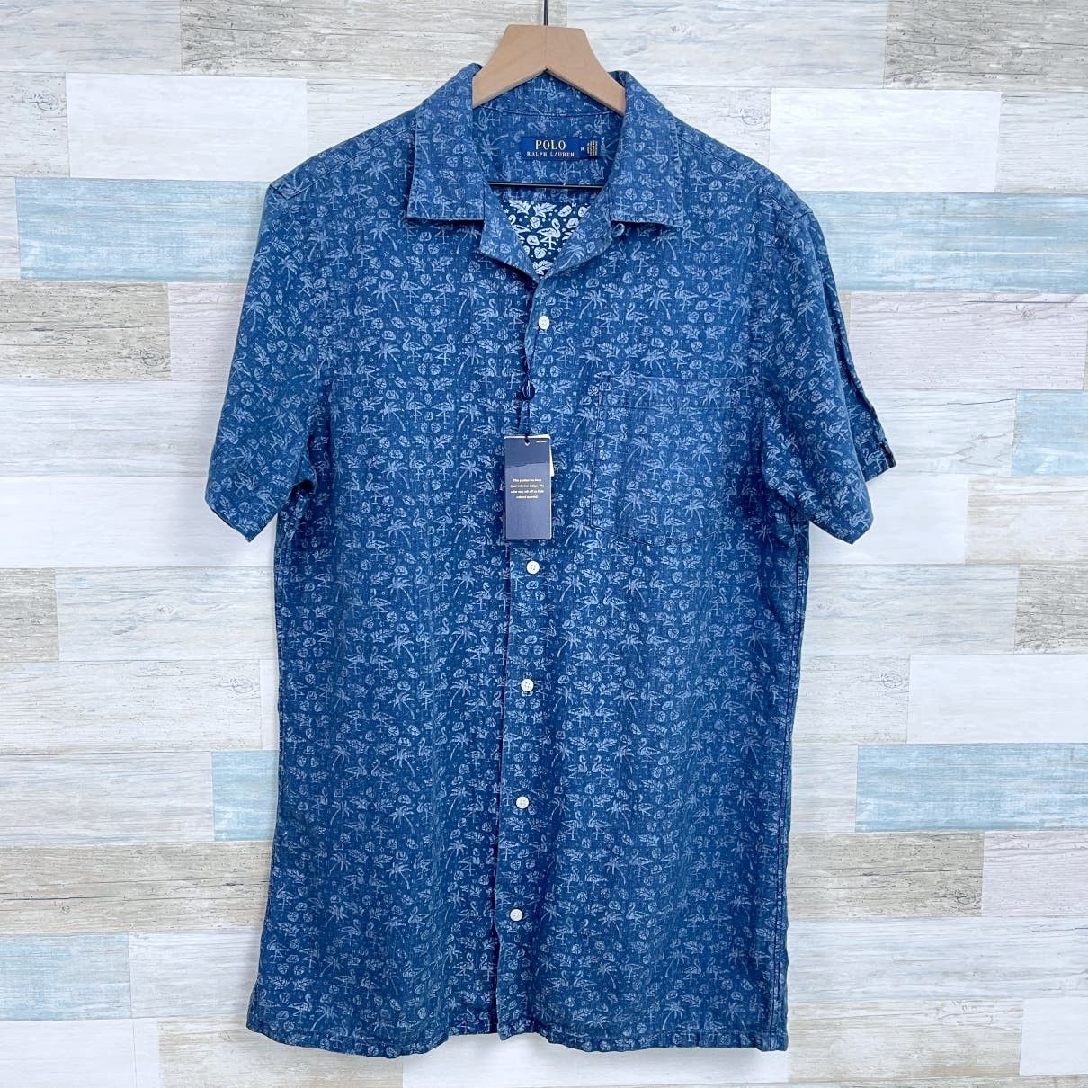 image of Ralph Laurent Linen Camp Collar Shirt Blue Allover Mens M (Size Medium)