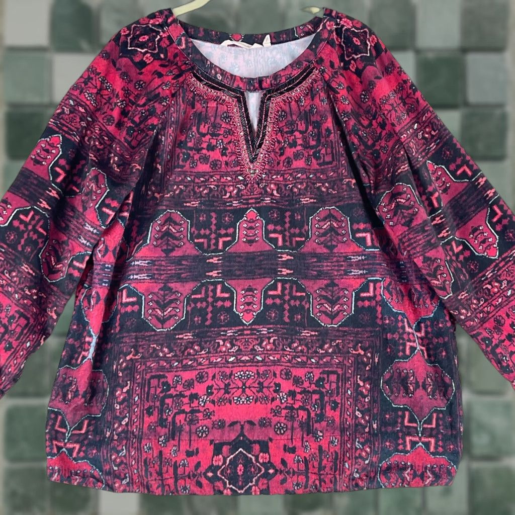 Soft Surroundings Soft Surroundings Tunic Shirt Womens Large Red Geometric Long Sleeve Pullover V-Neck Size L / US 10 / IT 46 - 1 Thumbnail