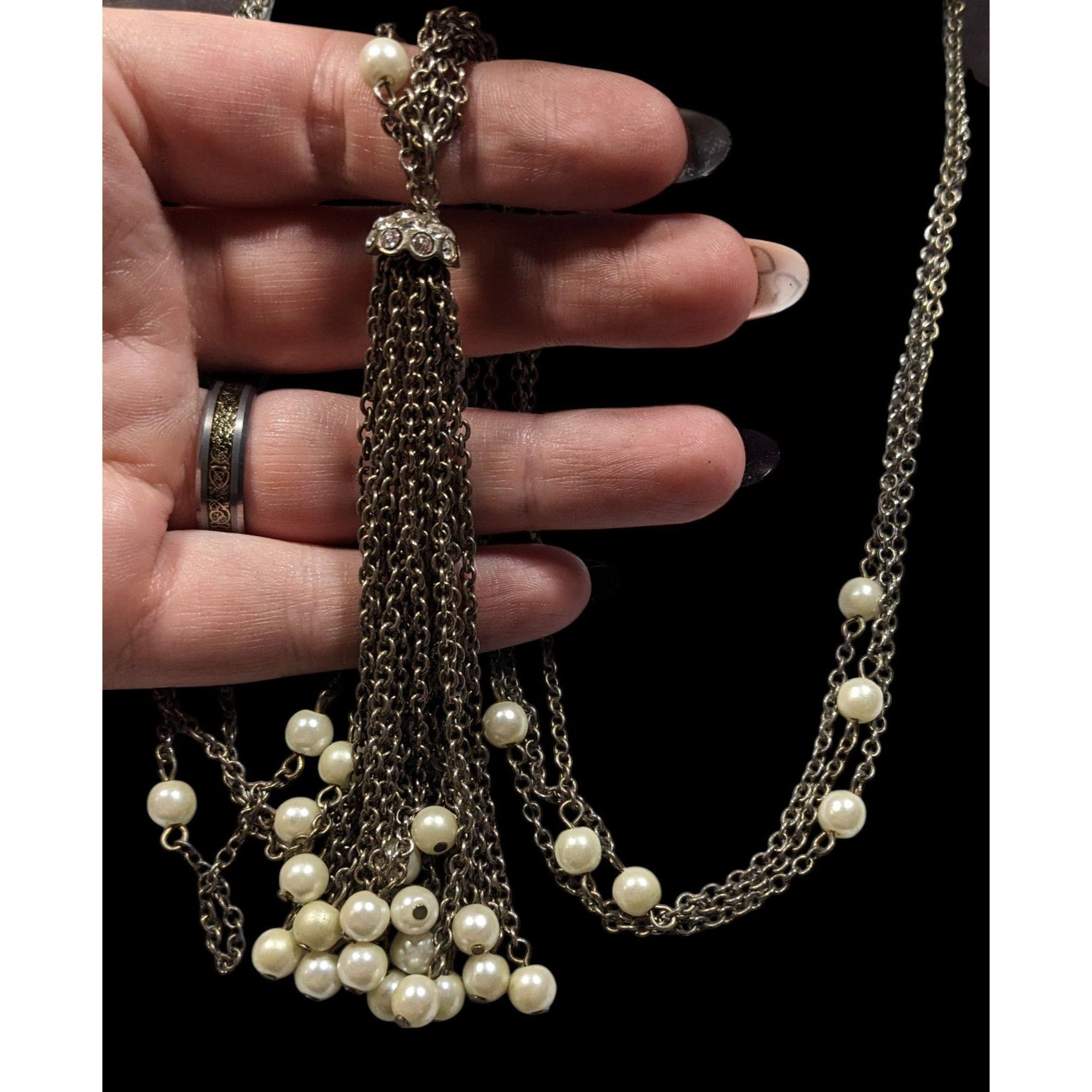 Other Vintage Multistrand Faux Pearl Chain Tassel Necklace With Rh Size ONE SIZE - 5 Thumbnail