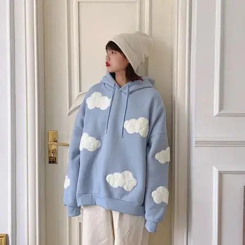 Japanese Brand Hoodie Autumn Winter Women Blue white cloud Hoodie Size S / US 4 / IT 40 - 1 Thumbnail